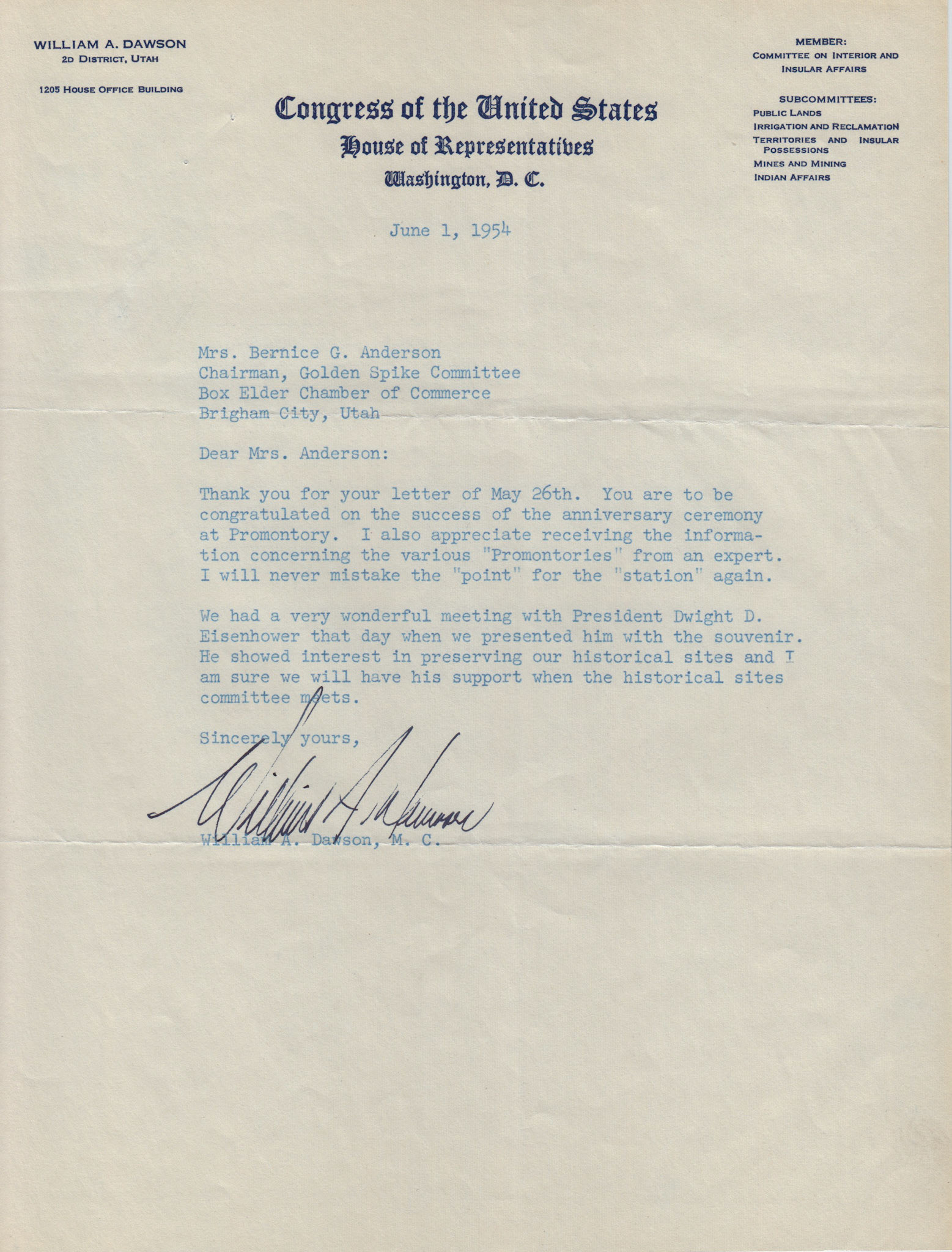 Letter from Rep. William A. Dawson, June 1, 1954. Bernice Gibbs Anderson Collection, NPS