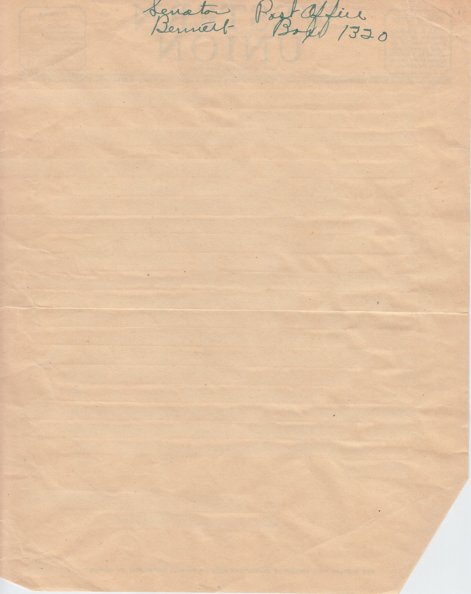 Telegram back with Senator Bennett's P.O. Box, 1954. Bernice Gibbs Anderson Collection, NPS