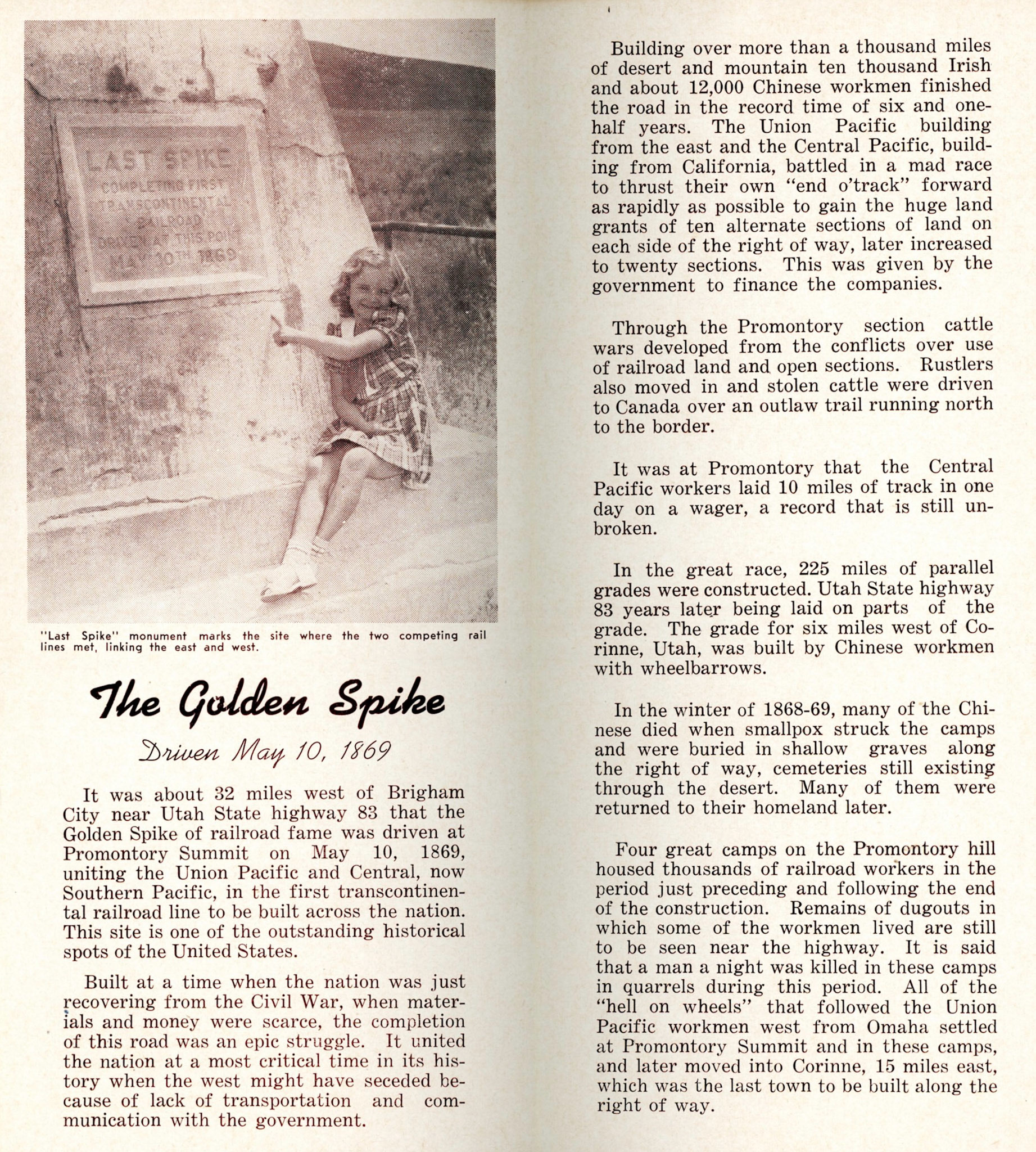 Where the Golden Spike was Driven brochure, inside. Sally Ward Anderson (Bernice's granddaughter). Bernice Gibbs Anderson Collection, NPS