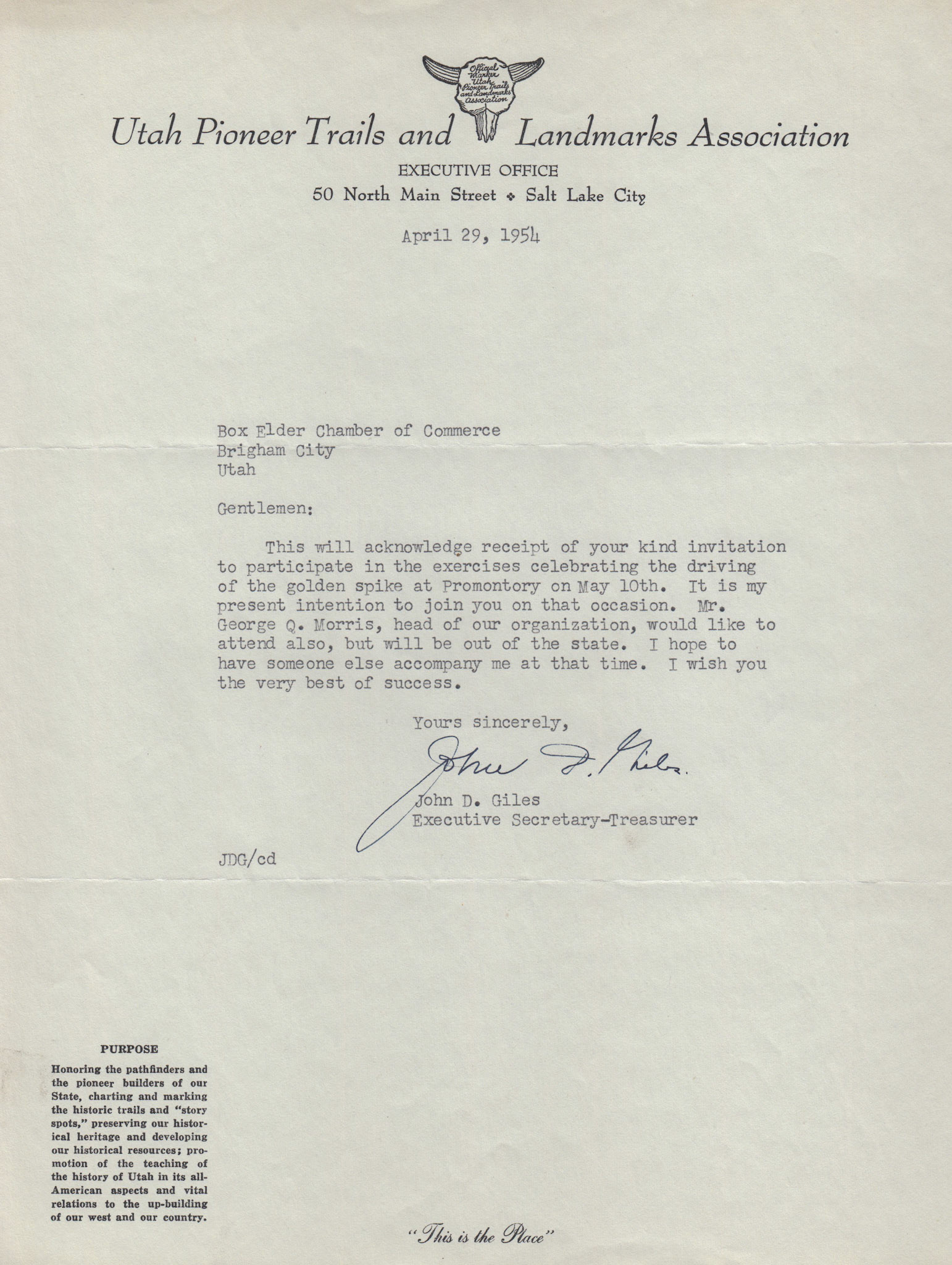 Acceptance letter from John D. Giles, Utah Pioneer Trails and Landmarks Assn., Apr. 29, 1954. Bernice Gibbs Anderson Collection, NPS