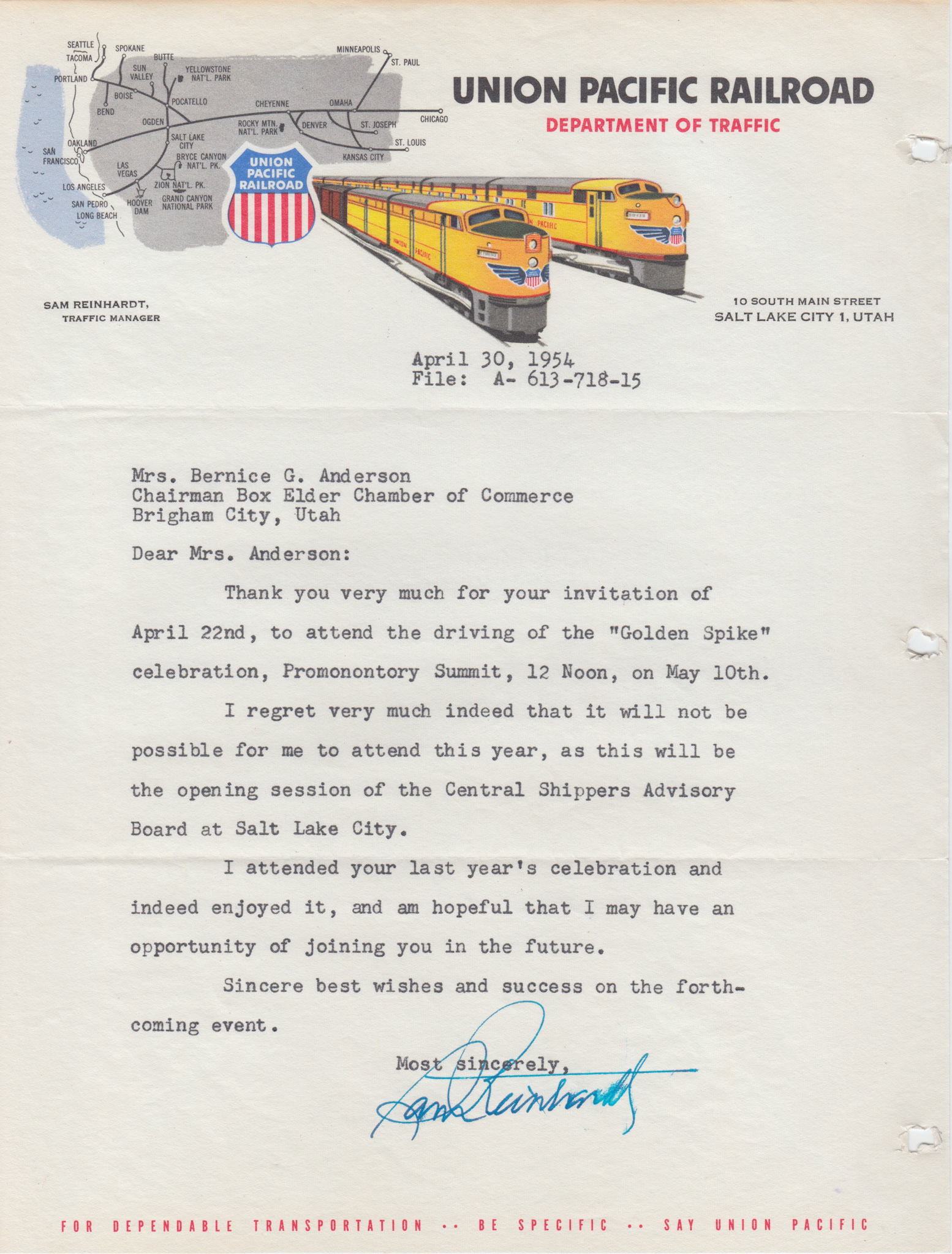 Regrets from Union Pacific Traffic Manager, Sam Reinhardt, Apr. 30, 1954. Bernice Gibbs Anderson Collection, NPS