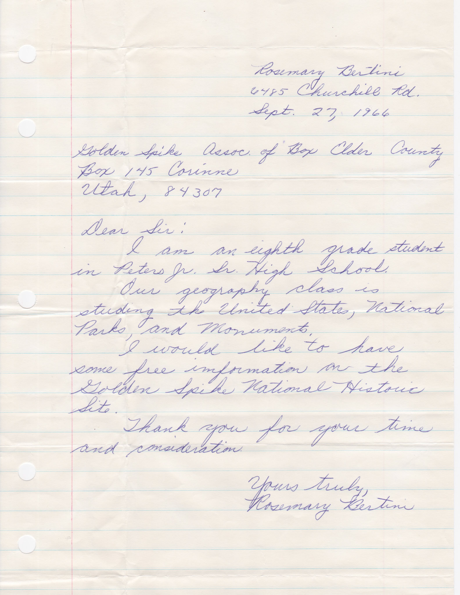 Letter from student Rosemary Bertini, Bethel Park, PA, Sept. 27, 1966. Bernice Gibbs Anderson Collection, NPS