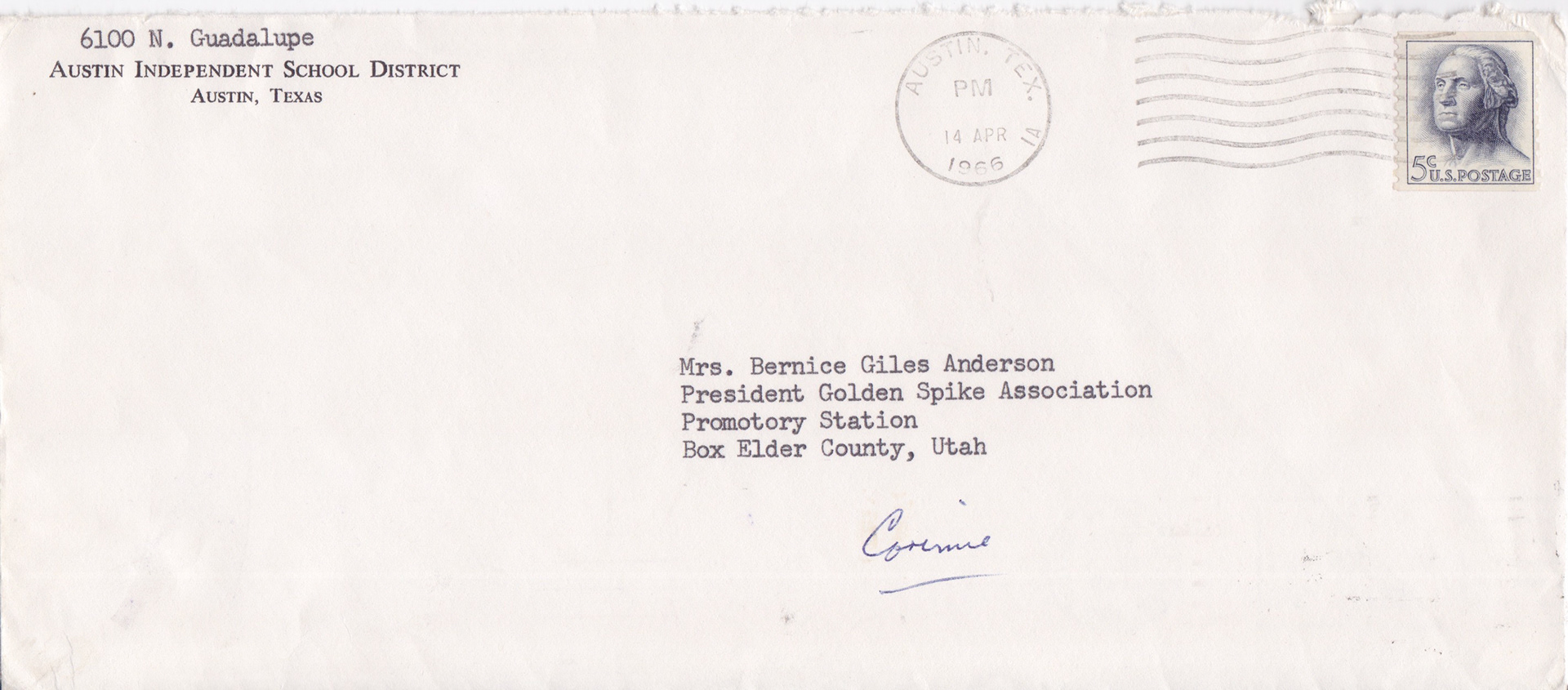 Envelope from Austin School District, Texas, April 14, 1966. Bernice Gibbs Anderson Collection, NPS