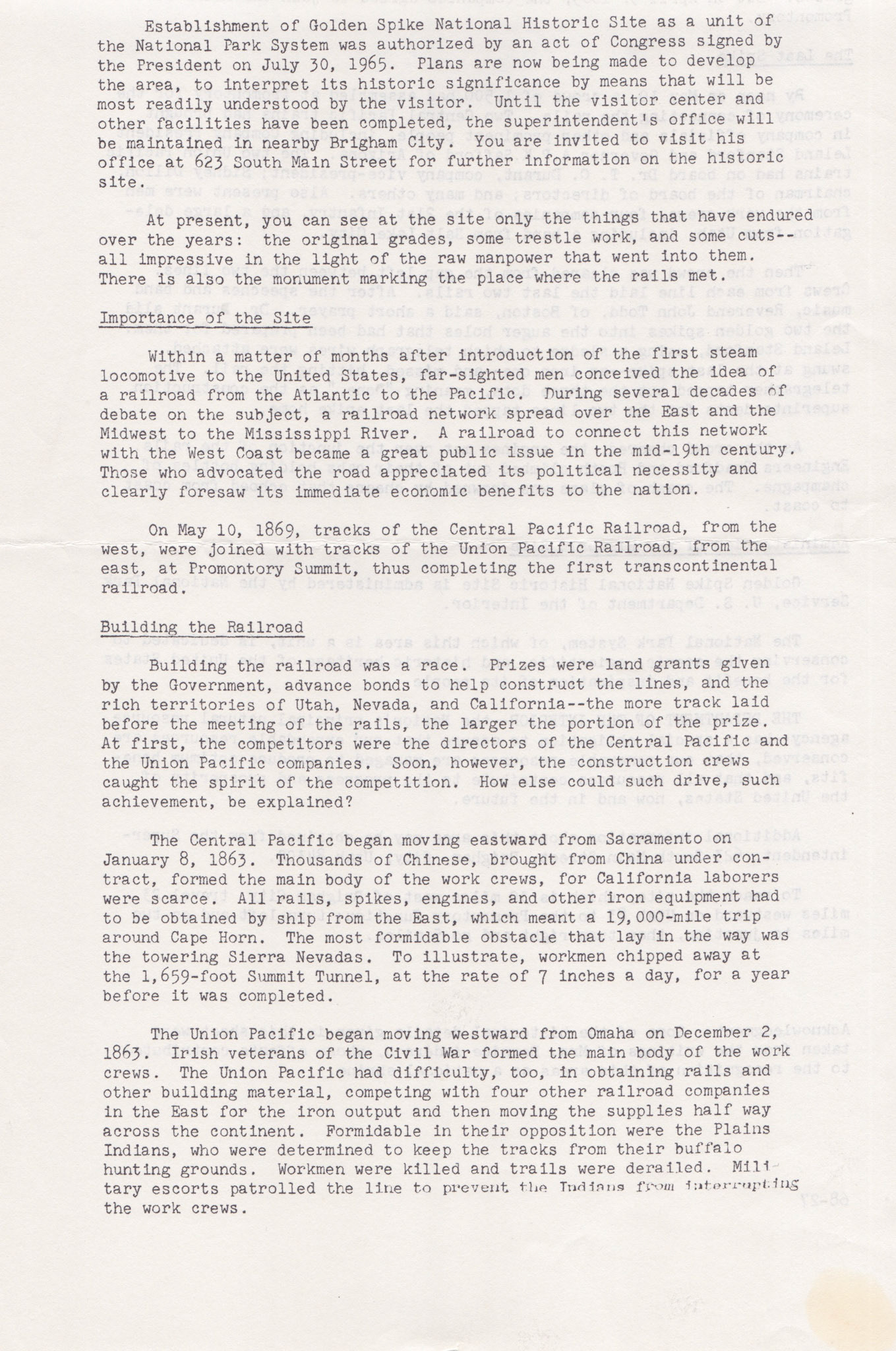 US Dept. of the Interior, NPS, bottom of page 1, Golden Spike report, post July 30, 1965. Bernice Gibbs Anderson Collection, NPS
