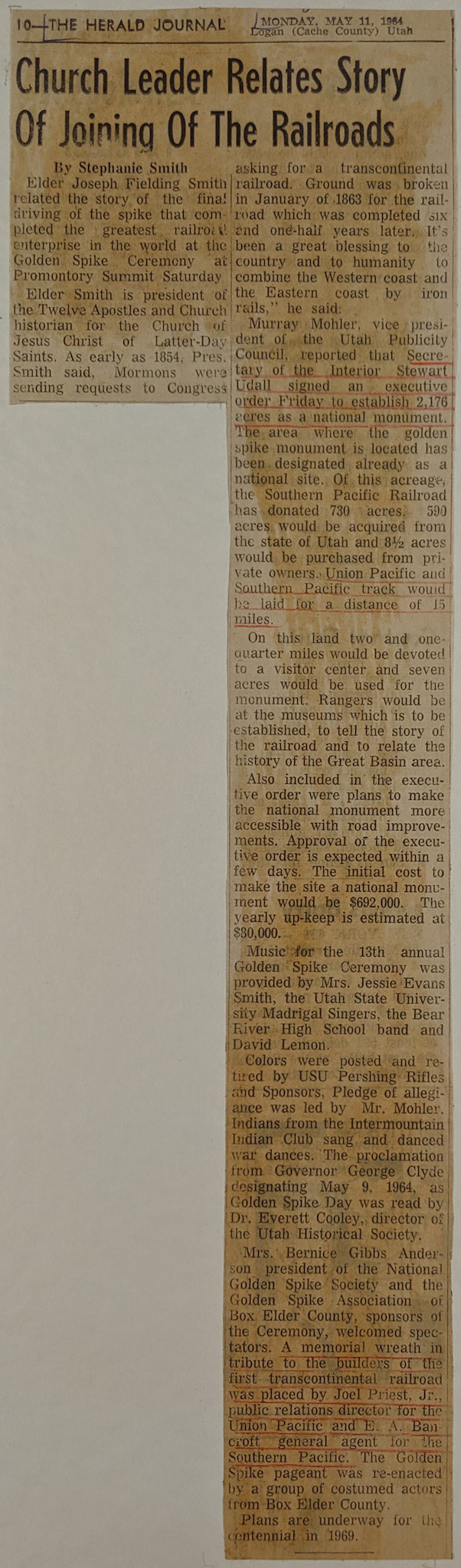 Newspaper clipping, report on annual Golden Spike Commemoration, May 11, 1964. Bernice Gibbs Anderson Collection, NPS