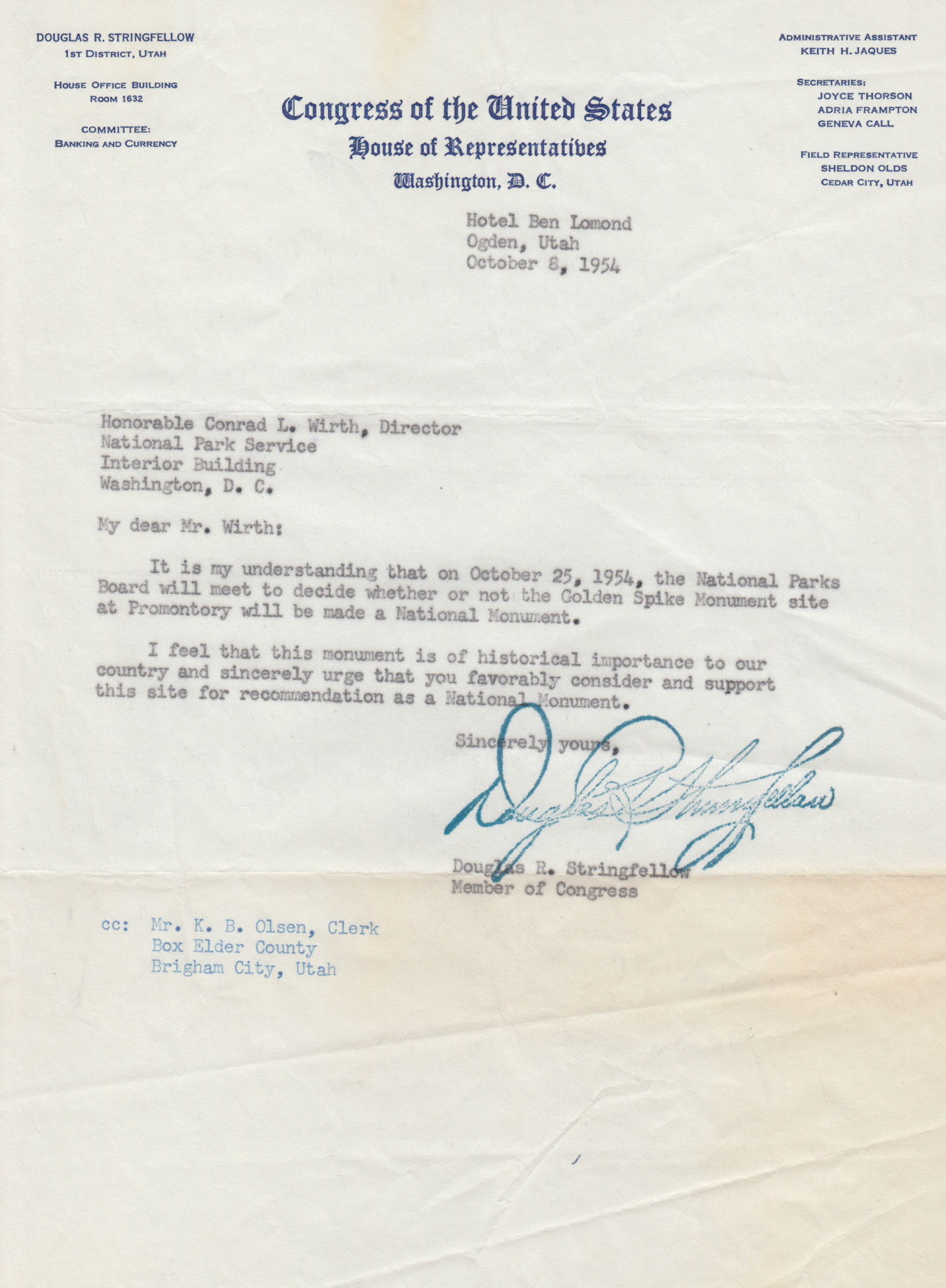 Letter from Rep. Douglas R. Stringfellow to Conrad L. Wirth, Director, National Park Service, Oct. 8, 1954. Bernice Gibbs Anderson Collection, NPS