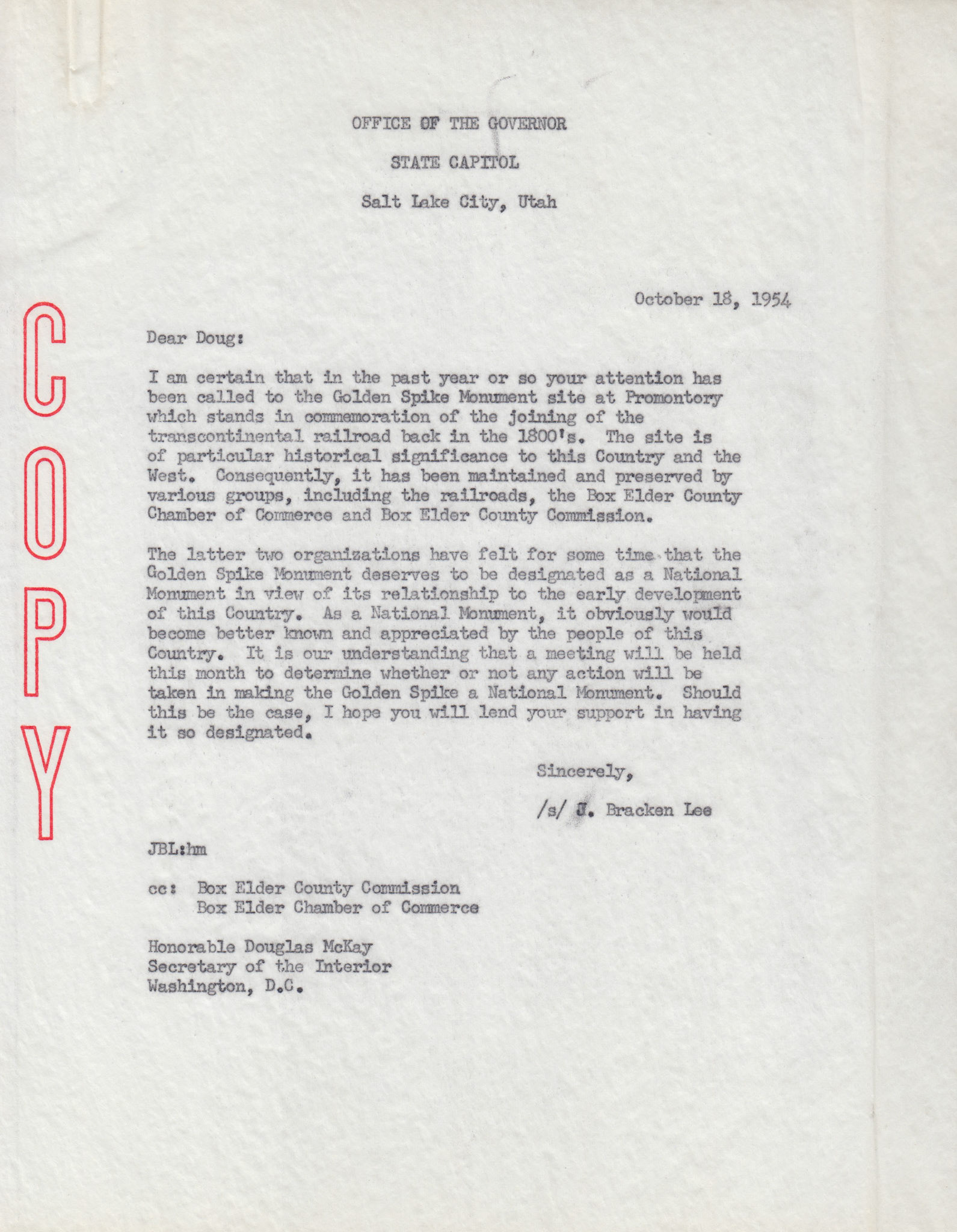 Copy of letter from Governor H. Bracken Lee to Douglas McKay, Secretary of the Interior, Oct. 18, 1954. Bernice Gibbs Anderson, NPS