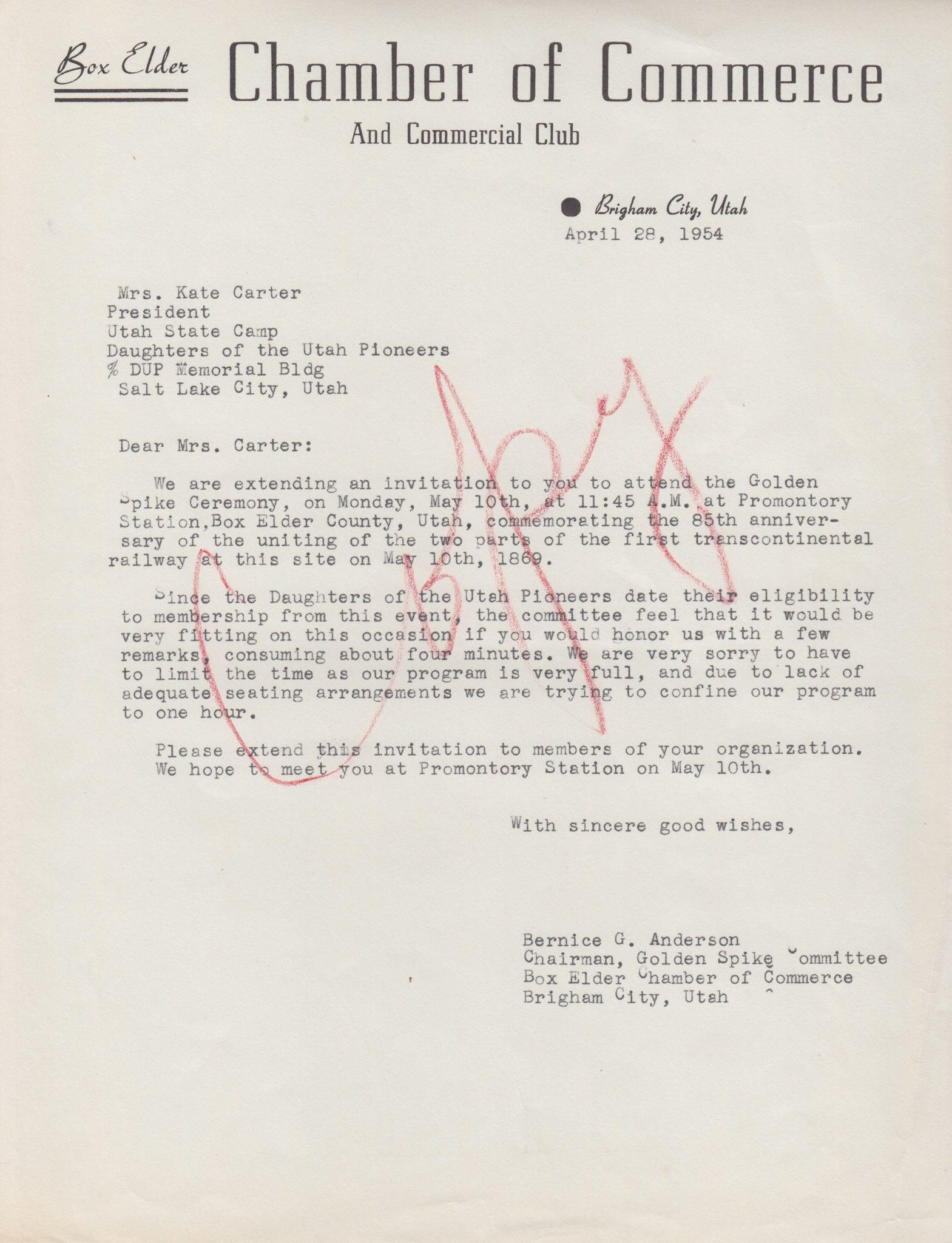 Copy of invitation to Daughters of Utah Pioneers Pres. Kate Carter, Apr. 28, 1954. Bernice Gibbs Anderson Collection, NPS