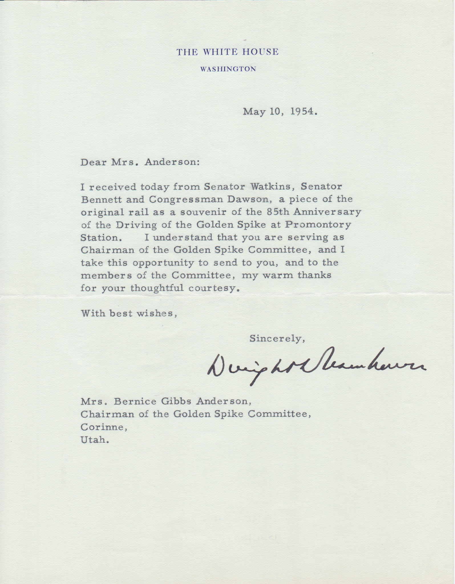 Thank you letter from President Eisenhower, May 10 1954. Bernice Gibbs Anderson Collection, NPS