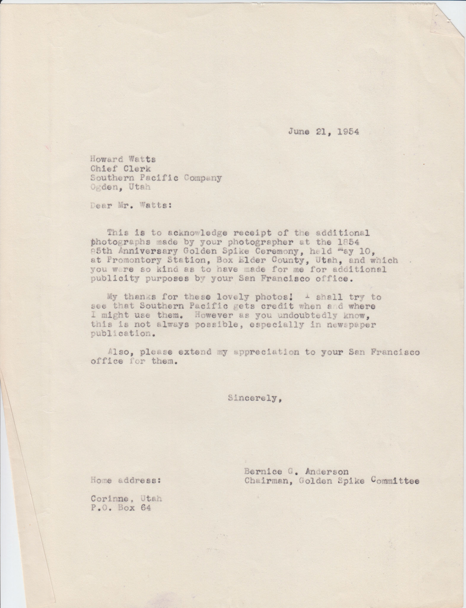 Copy of letter to Howard Watts, Chief Clerk, Southen Pacific, June 21, 1954. Bernice Gibbs Anderson Collection, NPS