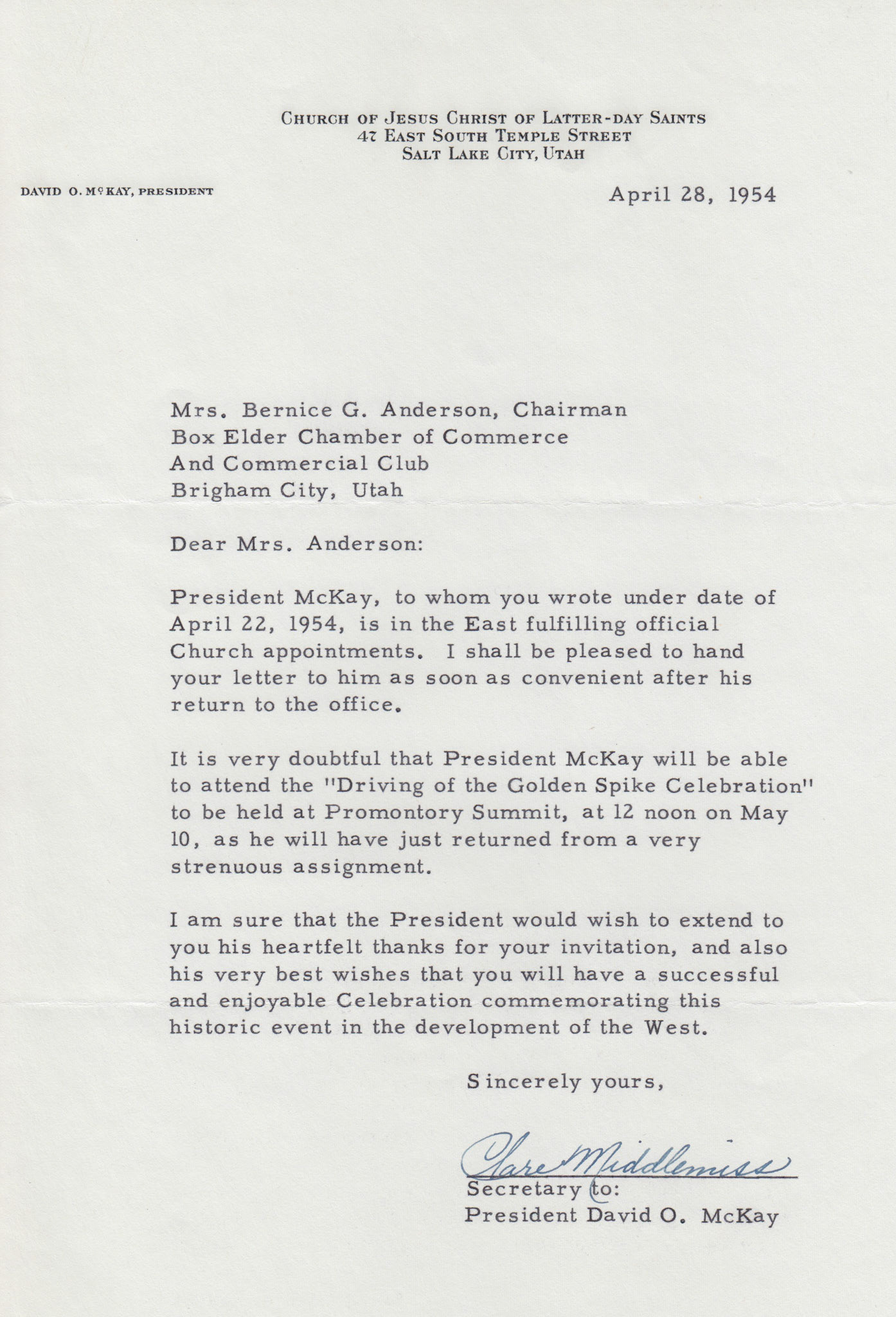 Regrets from David O. McKay's secretary Clare Middlemiss, April 28, 1954. Bernice Gibbs Anderson Collection, NPS
