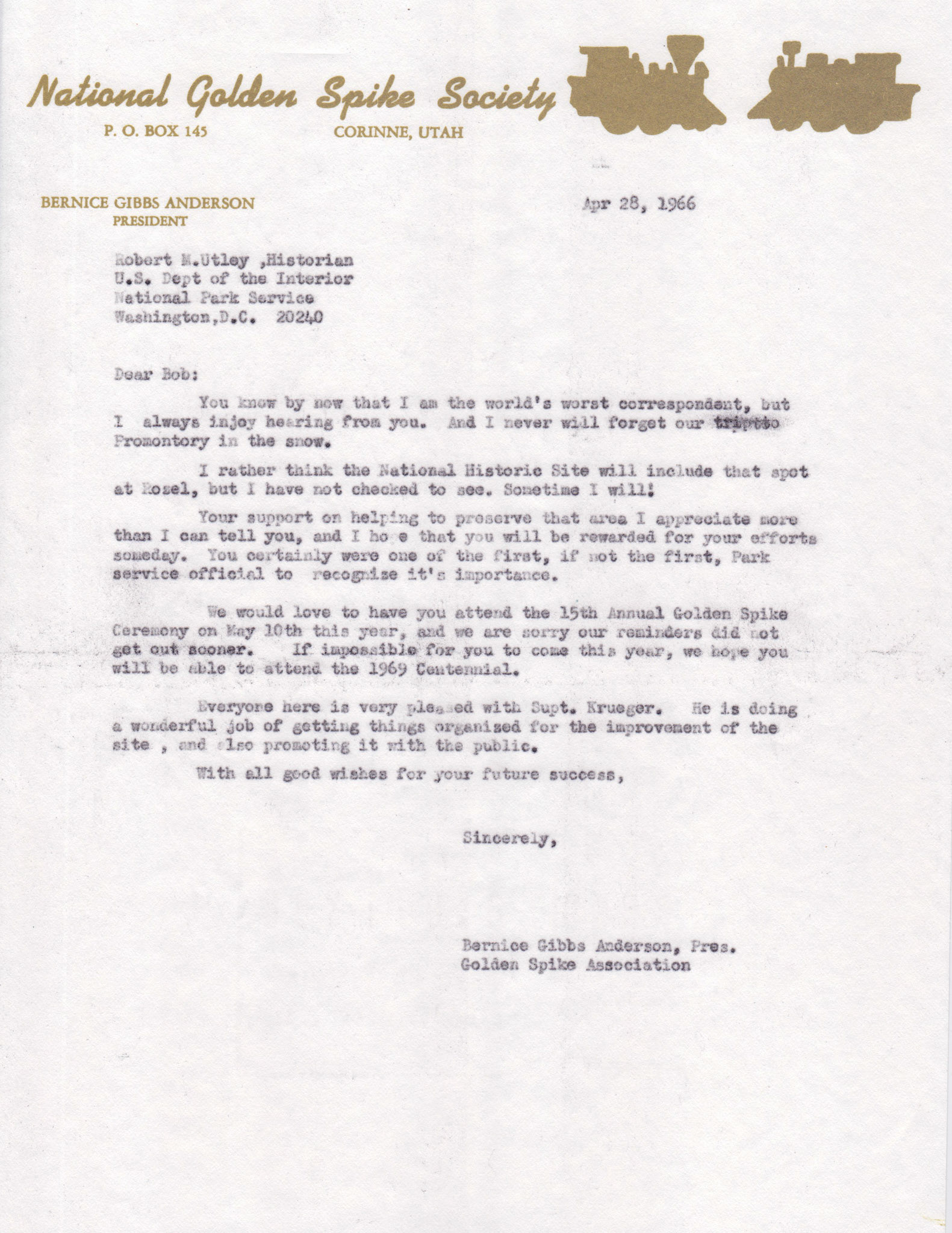 Copy of letter to Robert Utley, NPS, April 28, 1966. Bernice Gibbs Anderson Collection, NPS