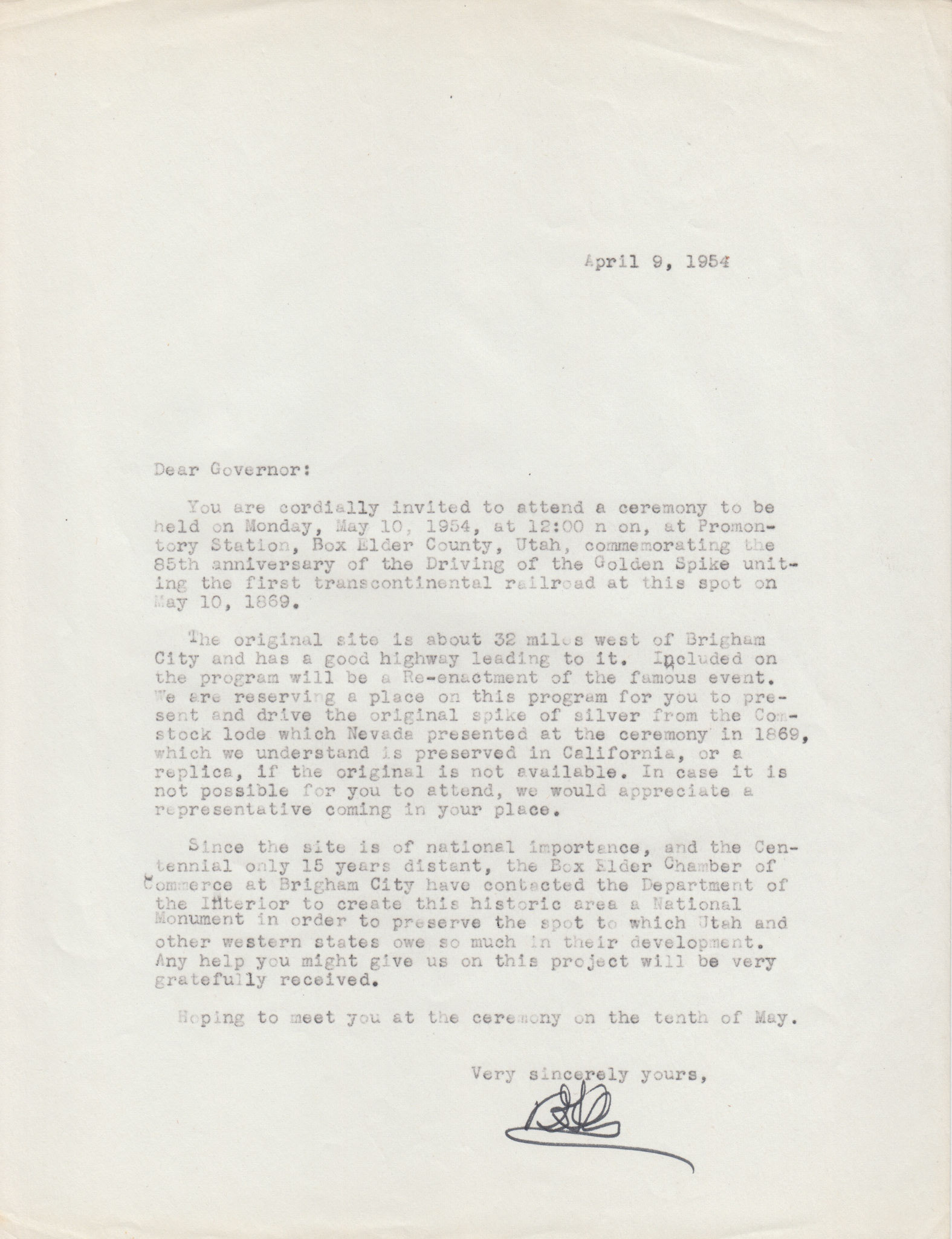 Copy of Invitation to Nevada Governor Charles H. Russell, Apr. 9, 1954. Bernice Gibbs Anderson Collection, NPS