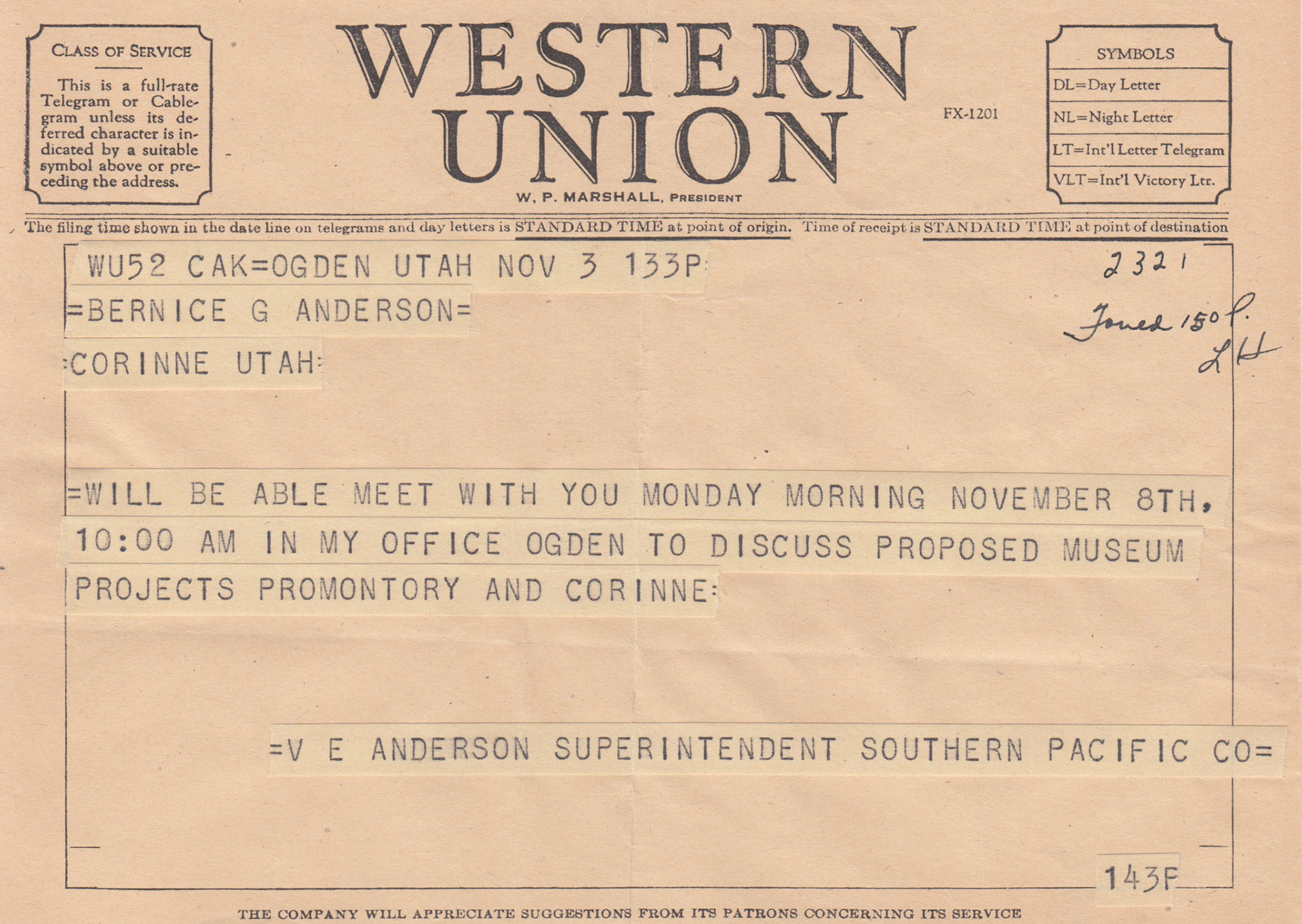 Telegram from V.E. Anderson, Supt. Southern Pacific, Ogden, Nov. 3, 1954. Bernice Gibbs Anderson Collection, NPS