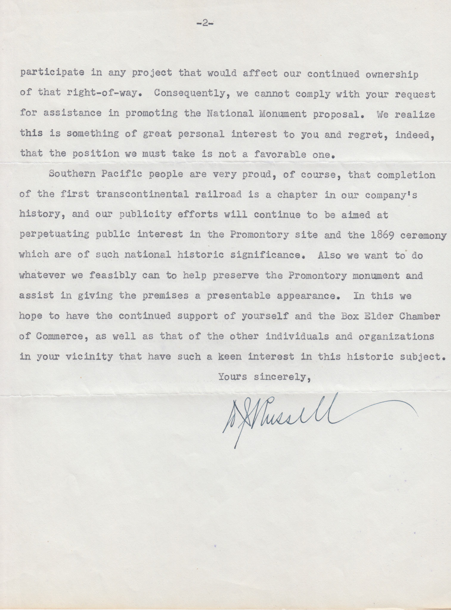 Letter from D.J. Russell, Pres. Southern Pacific, page 2. Bernice Gibbs Anderson Collection, NPS