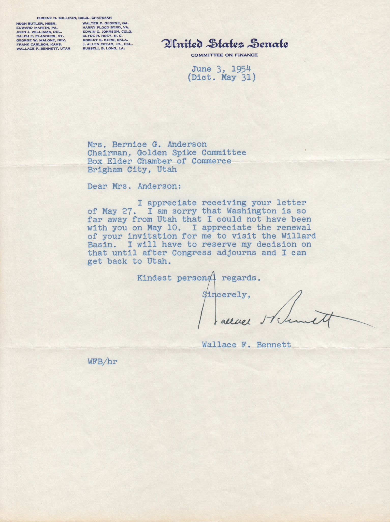 Letter from Senator Wallace F. Bennett, June 3, 1954. Bernice Gibbs Anderson Collection, NPS