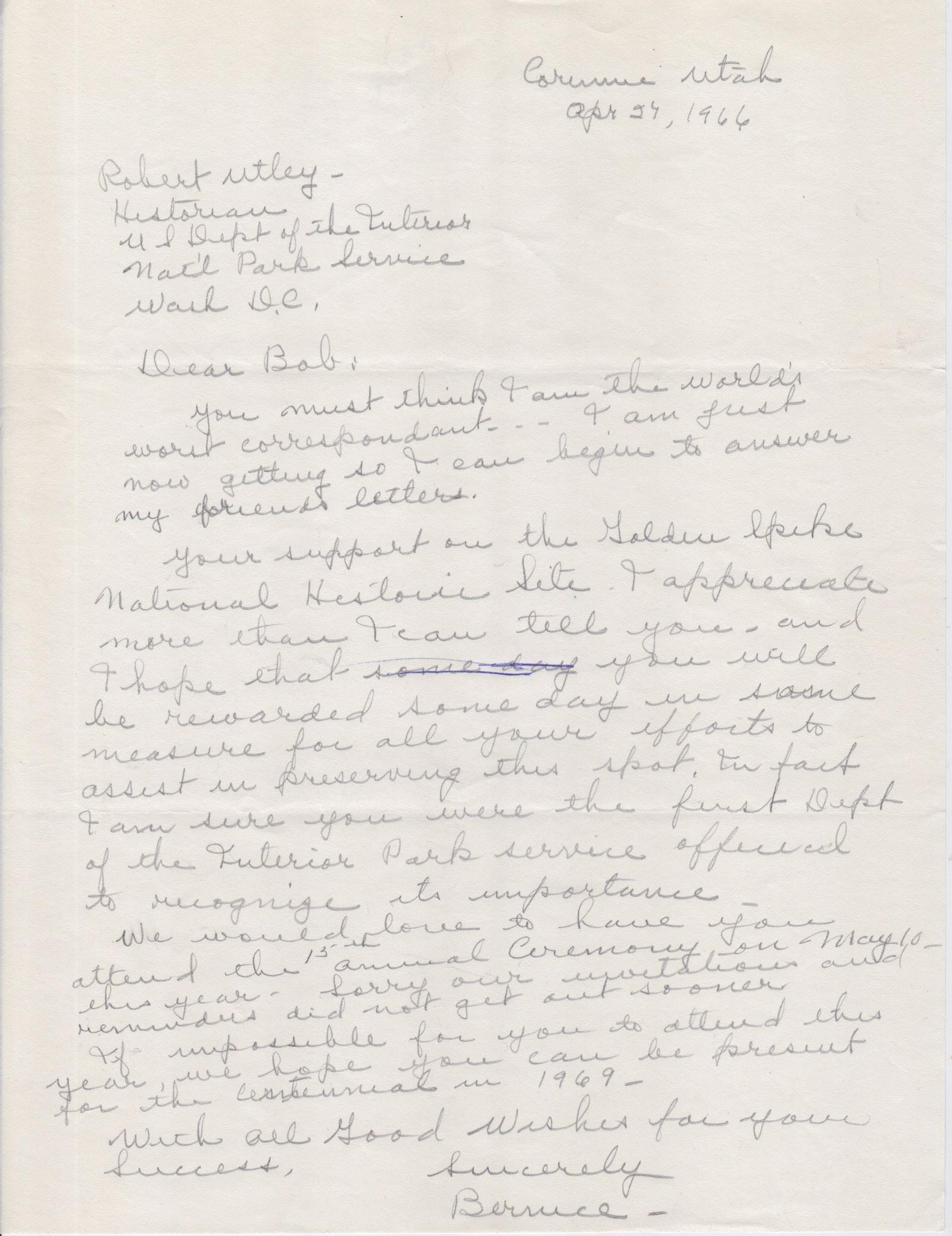 Draft of letter to Robert Utley, NPS, April 27, 1966. Bernice Gibbs Anderson Collection, NPS