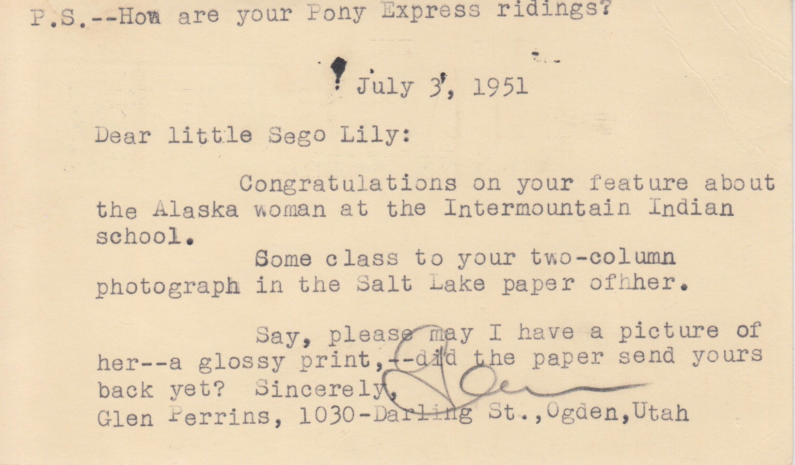 "Famous Writer" Postcard, 1951. Bernice Gibbs Anderson Collection, NPS