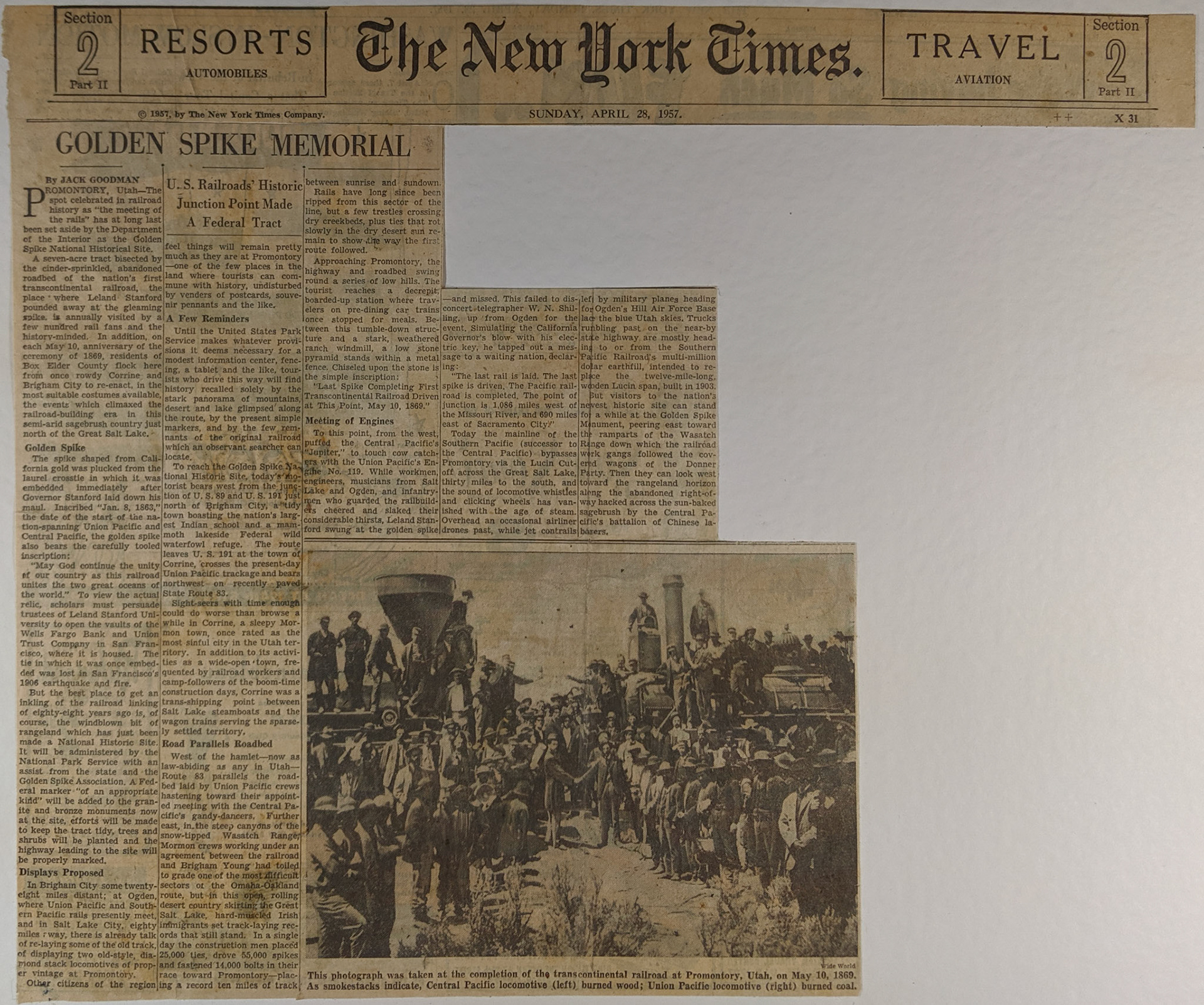 New York Times Golden Spike article, Apr. 28, 1957. Bernice Gibbs Anderson Collection, NPS