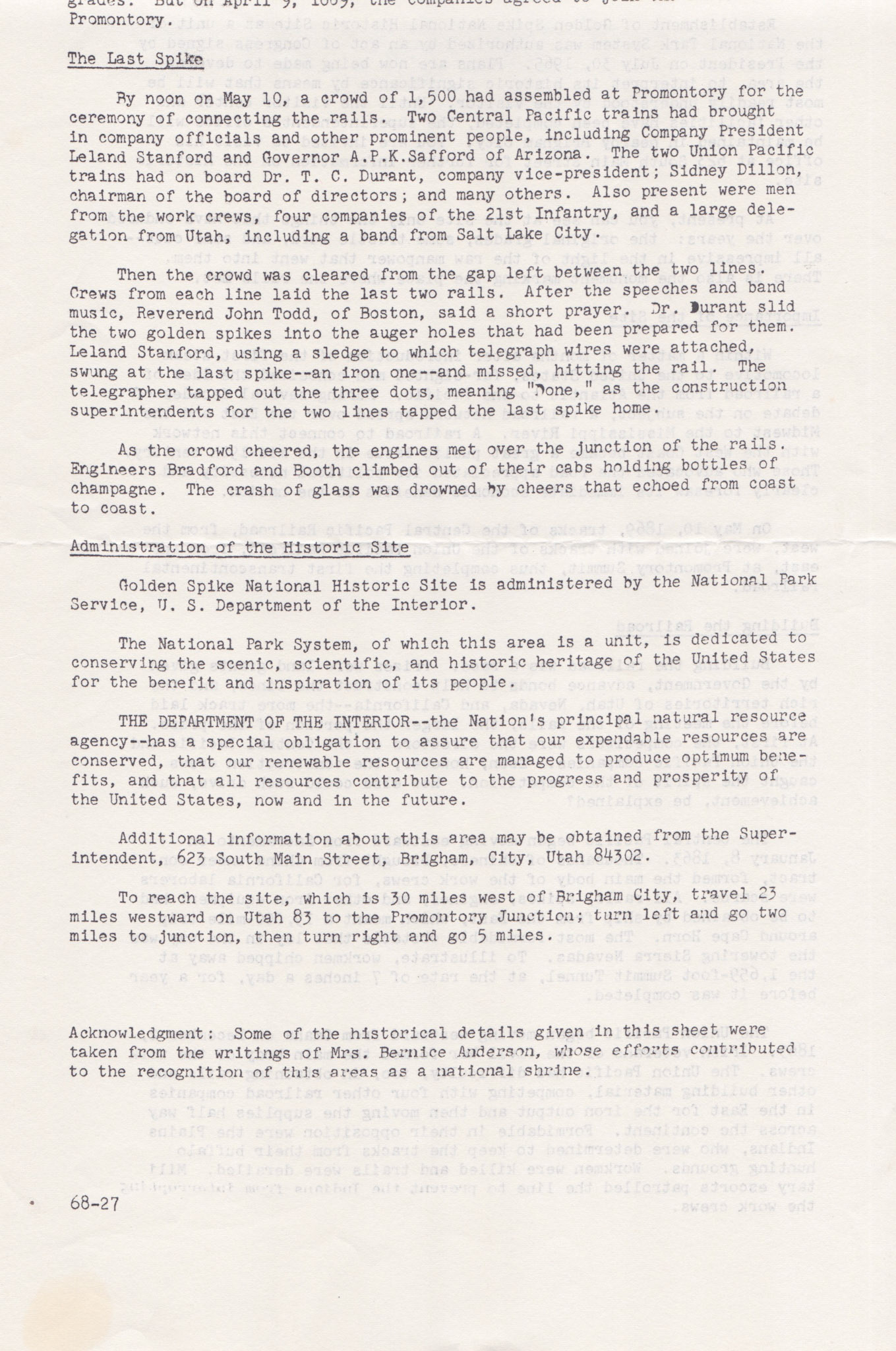 US Dept. of the Interior, NPS, bottom of page 2 b, Golden Spike report, post July 30, 1965. Bernice Gibbs Anderson Collection, NPS