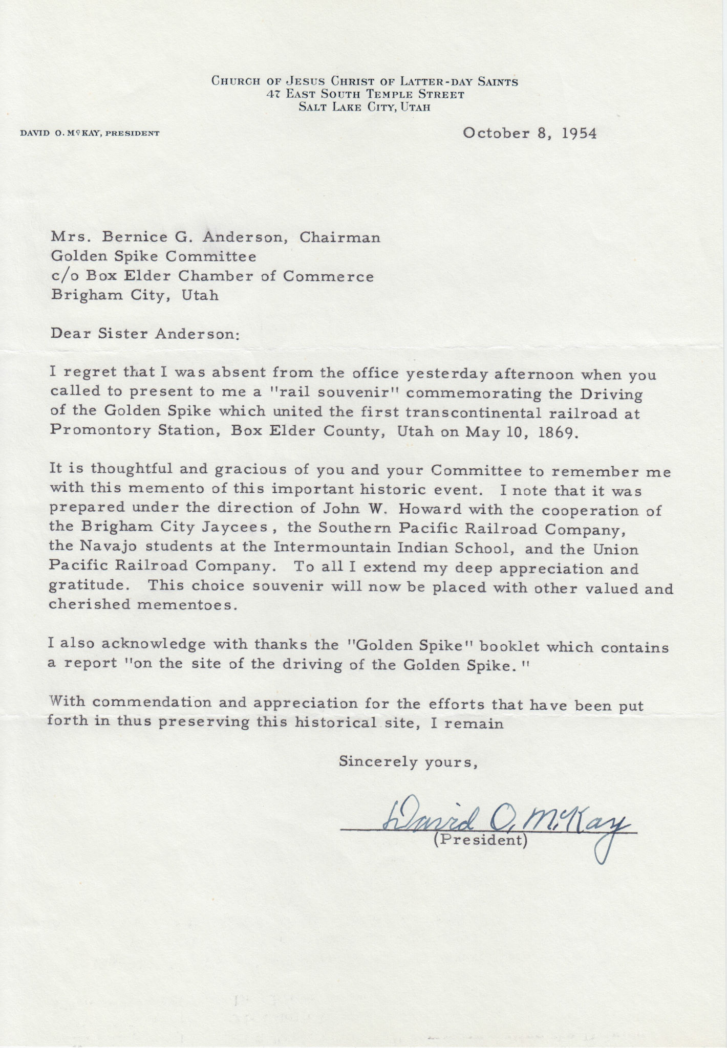 Thank you letter from David O. McKay, President, Church of Jesus Christ of Latter-day Saints, Oct. 8, 1954. Bernice Gibbs Anderson Collection, NPS