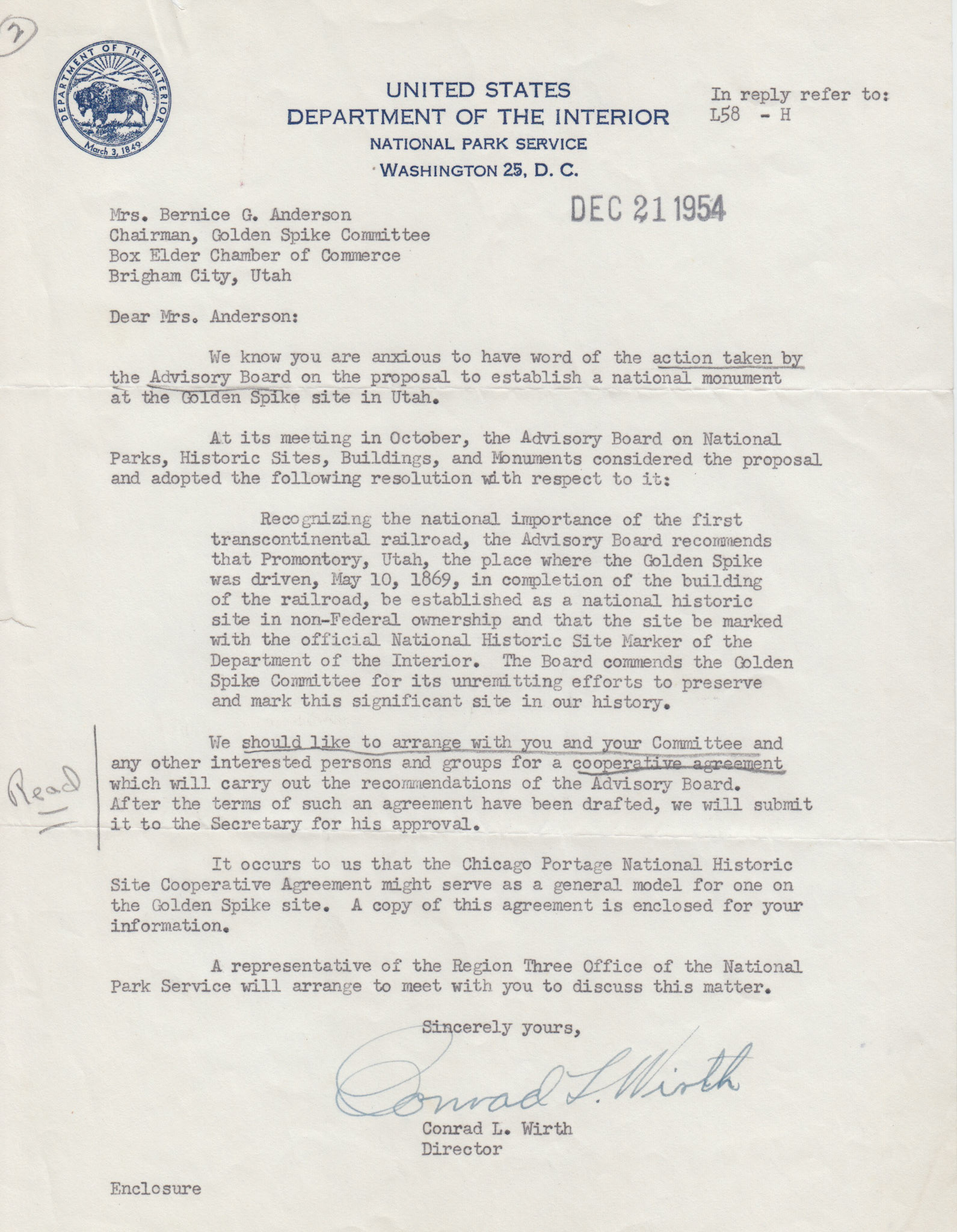 Letter from Conrad L. Wirth, National Park Service Director, Dec. 21, 1954. Bernice Gibbs Anderson Collection, NPS