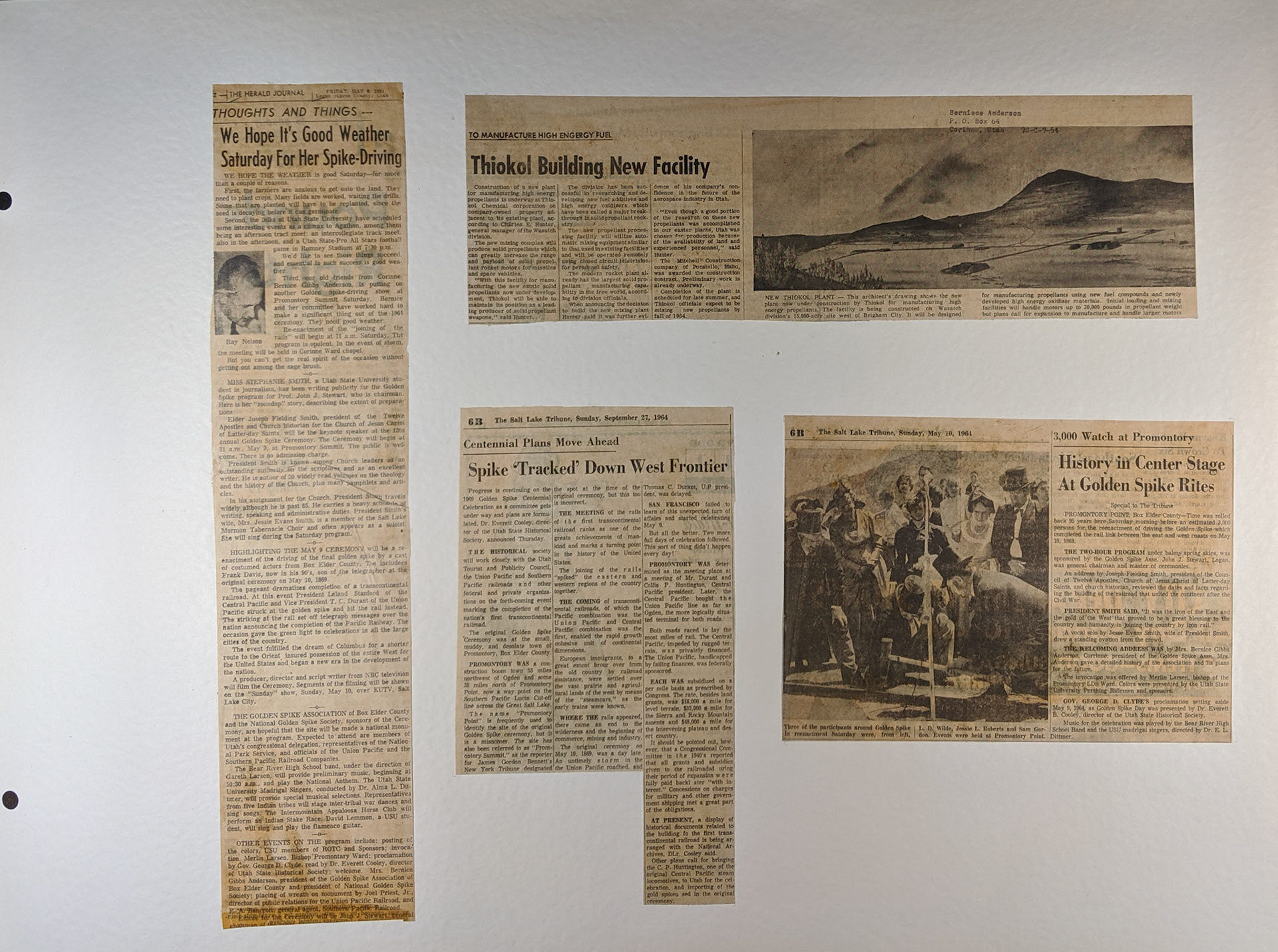 1970 Scrapbook page, 1964 Newspaper clippings. Bernice Gibbs Anderson Collection, NPS