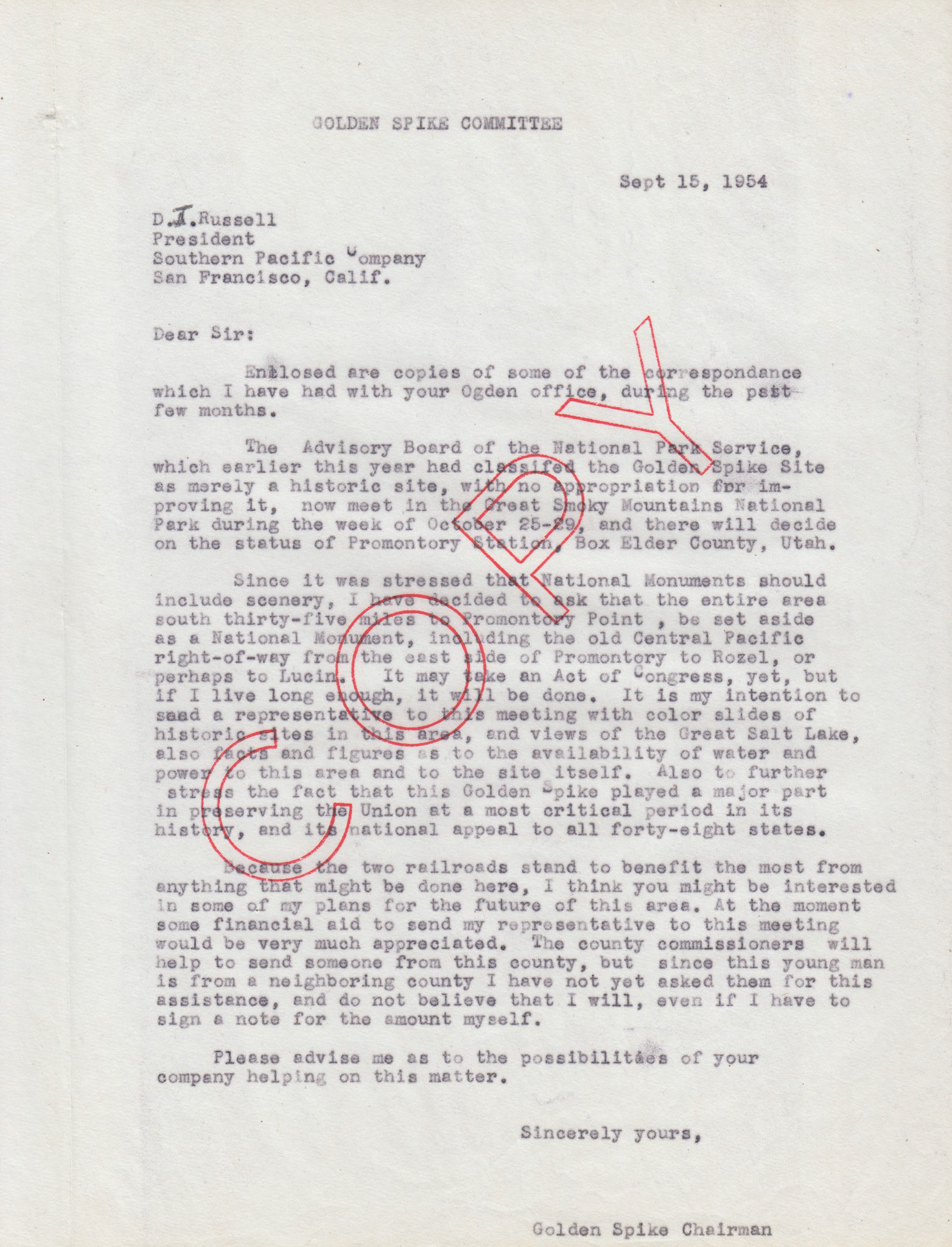 Copy of letter to D.J. Russell, Pres. Southern Pacific, Sep. 15, 1954. Bernice Gibbs Anderson Collection, NPS