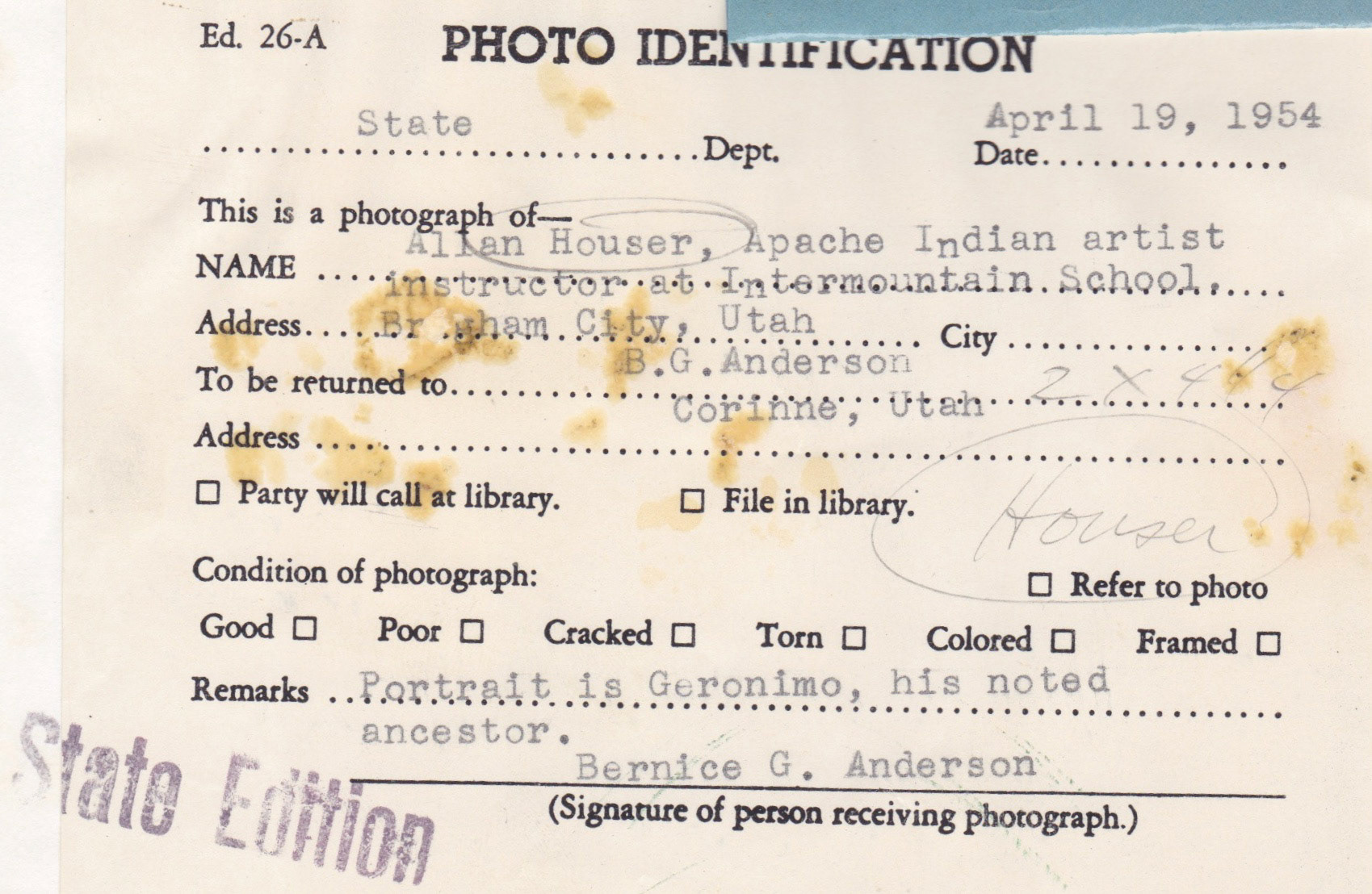 Caption for photo of Allan Houser, Art Instructor at Intermountain School, Brigham City, Apr. 19. 1954. Bernice Gibbs Anderson Collection, NPS