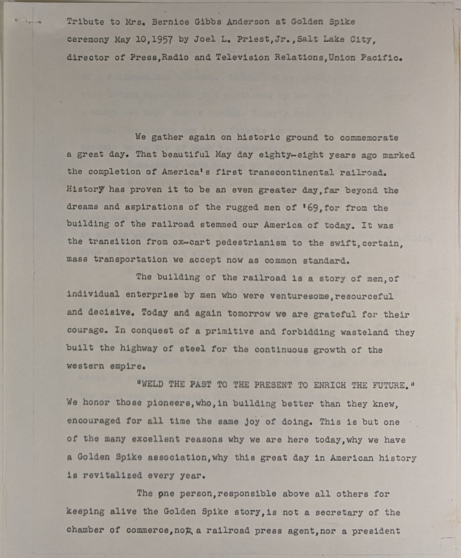 Tribute from Joel L. Priest, Jr., page 1, Union Pacific, Salt Lake City, May 10, 1957. Bernice Gibbs Anderson Collection, NPS