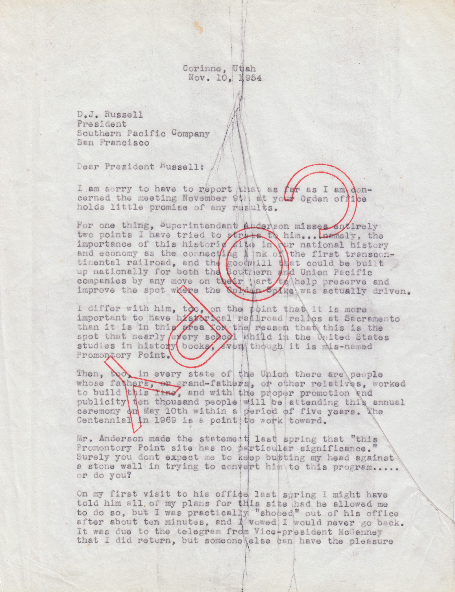 Copy of letter to D.J. Russell, Pres. Southern Pacific, Nov. 10, 1954 re: V.E. Anderson, page 1. Bernice Gibbs Anderson Collection, NPS