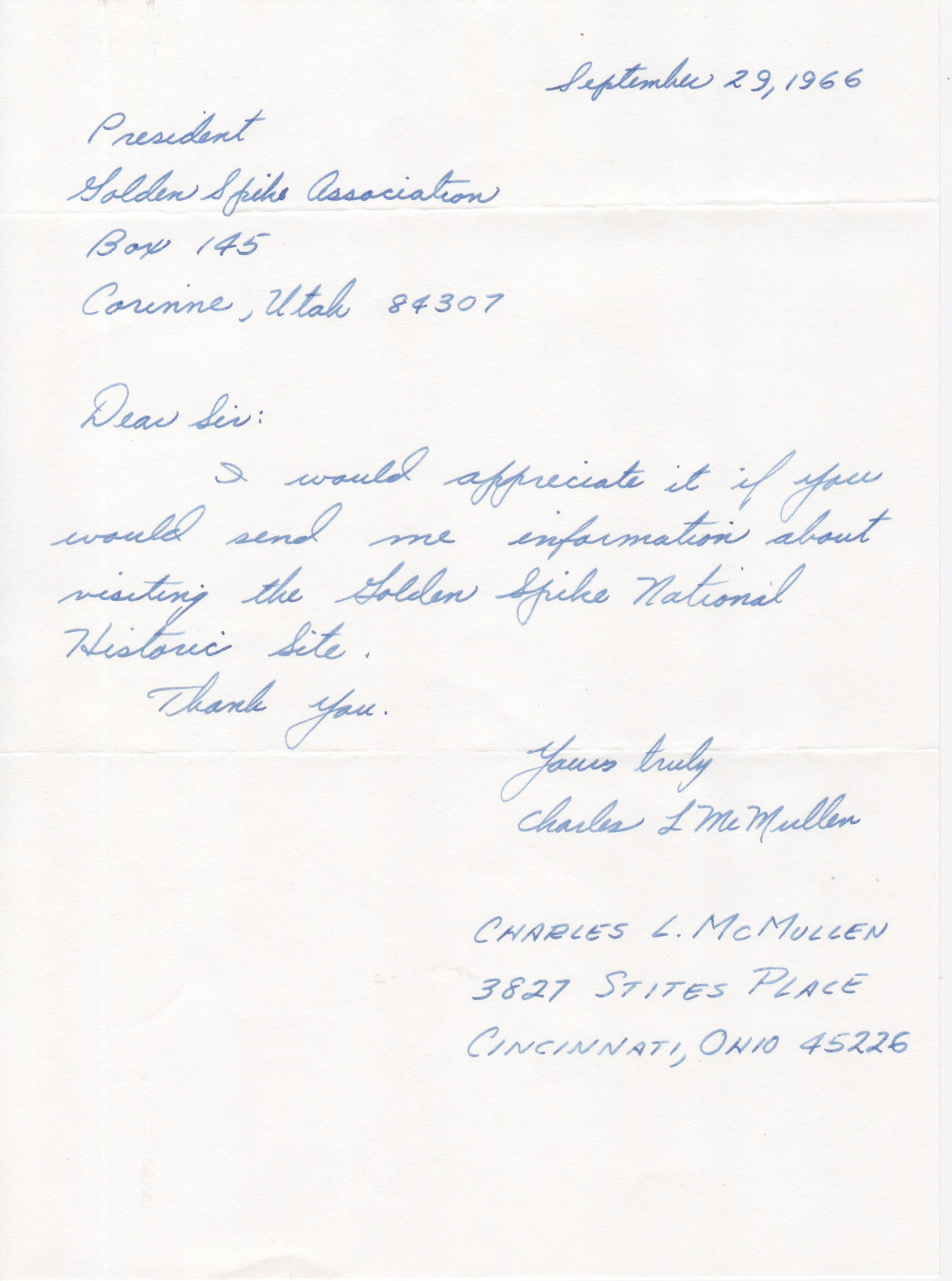Letter from Charles L. McMullen, Cincinatti, OH, Sep. 29. 1966. Bernice Gibbs Anderson Collection, NPS