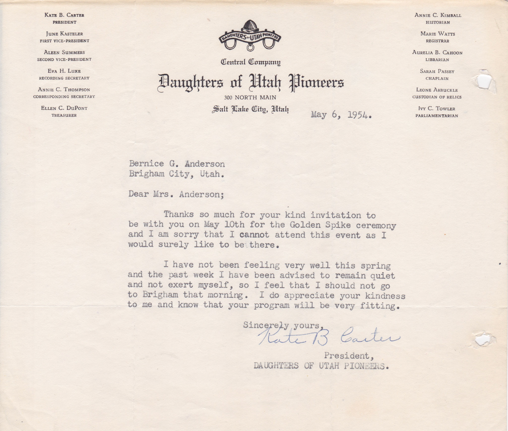 Regrets from Kate B. Carter, Daughters of Utah Pioneers President, May 6, 1954. Bernice Gibbs Anderson Collection, NPS