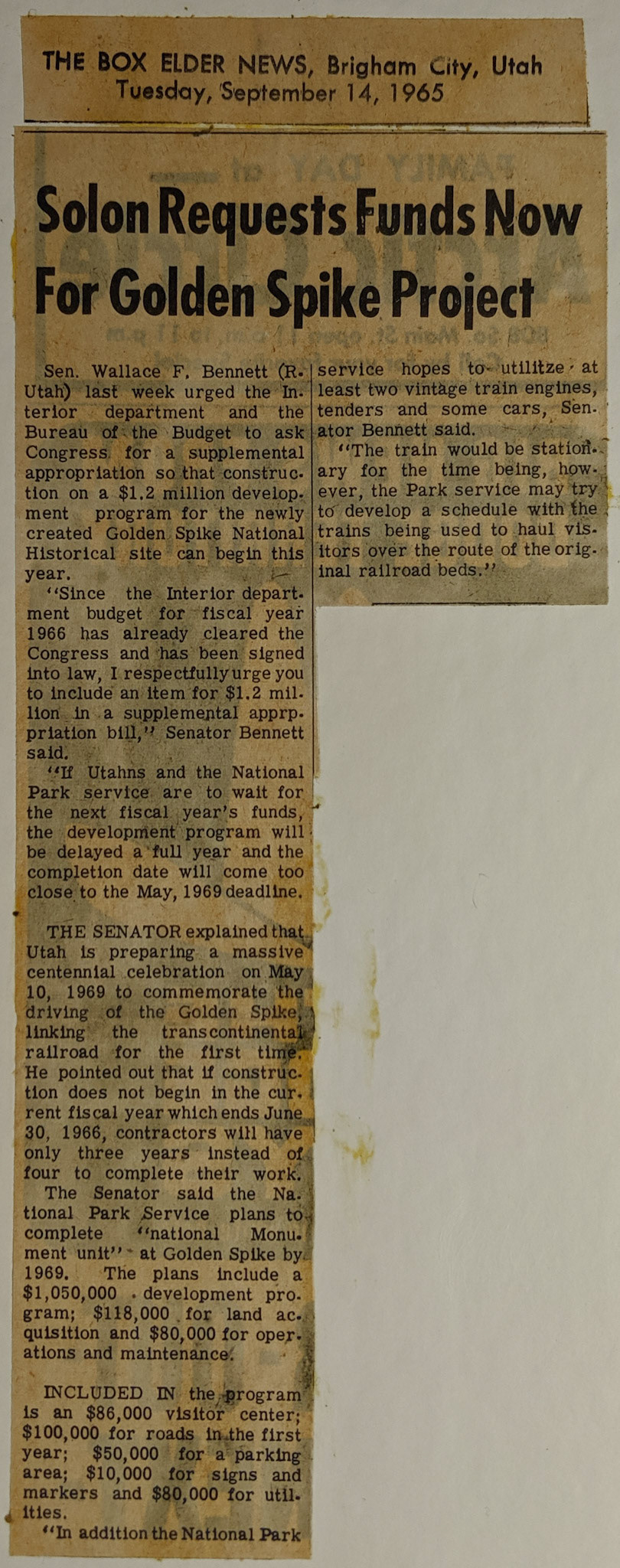 Senator Wallace F. Bennett requests funds from Congress, Sep. 14, 1965. Bernice Gibbs Anderson Collection, NPS