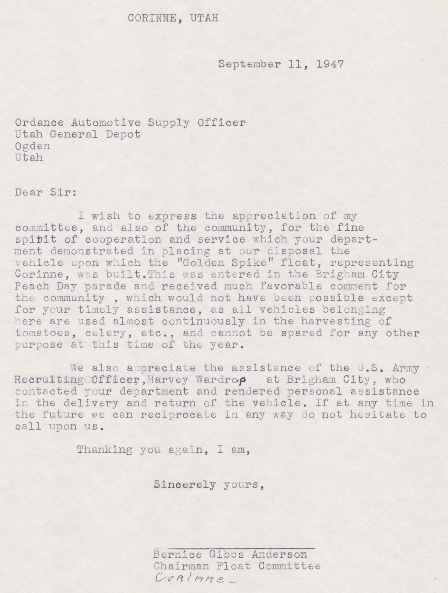 Thank you letter for vehicle for Golden Spike float Peach Days parade, Brigham City, Utah 1947, Bernice Gibbs Anderson Collection