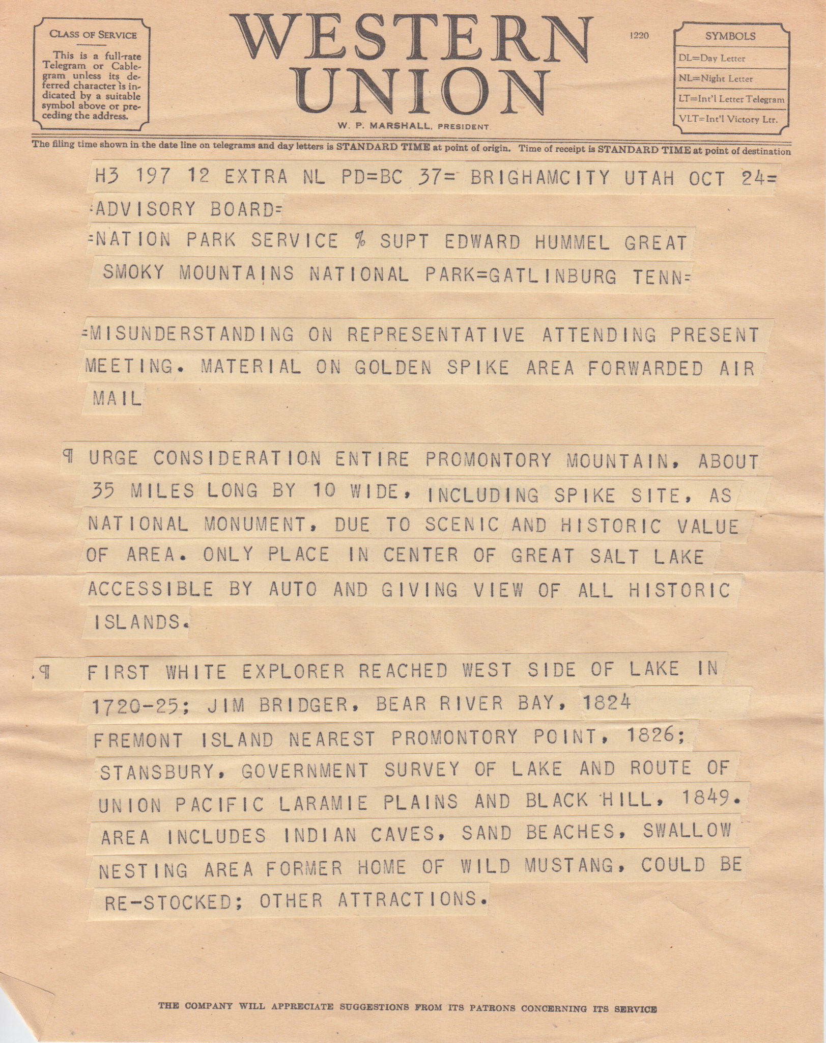 Telegram from Bernice Gibbs Anderson, Oct. 24, 1954. Bernice Gibbs Anderson, NPS