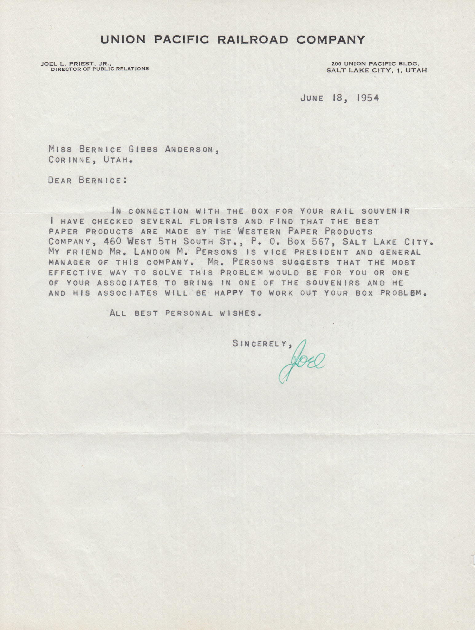 Letter from Joel L. Priest, Union Pacific, June 18, 1954. Bernice Gibbs Anderson Collection, NPS