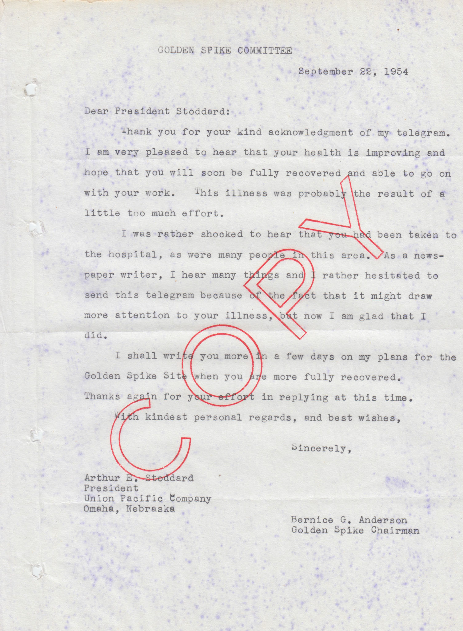 Copy of letter to Pres. Stoddard, Union Pacific, Sep. 22, 1954. Bernice Gibbs Anderson Collection, NPS