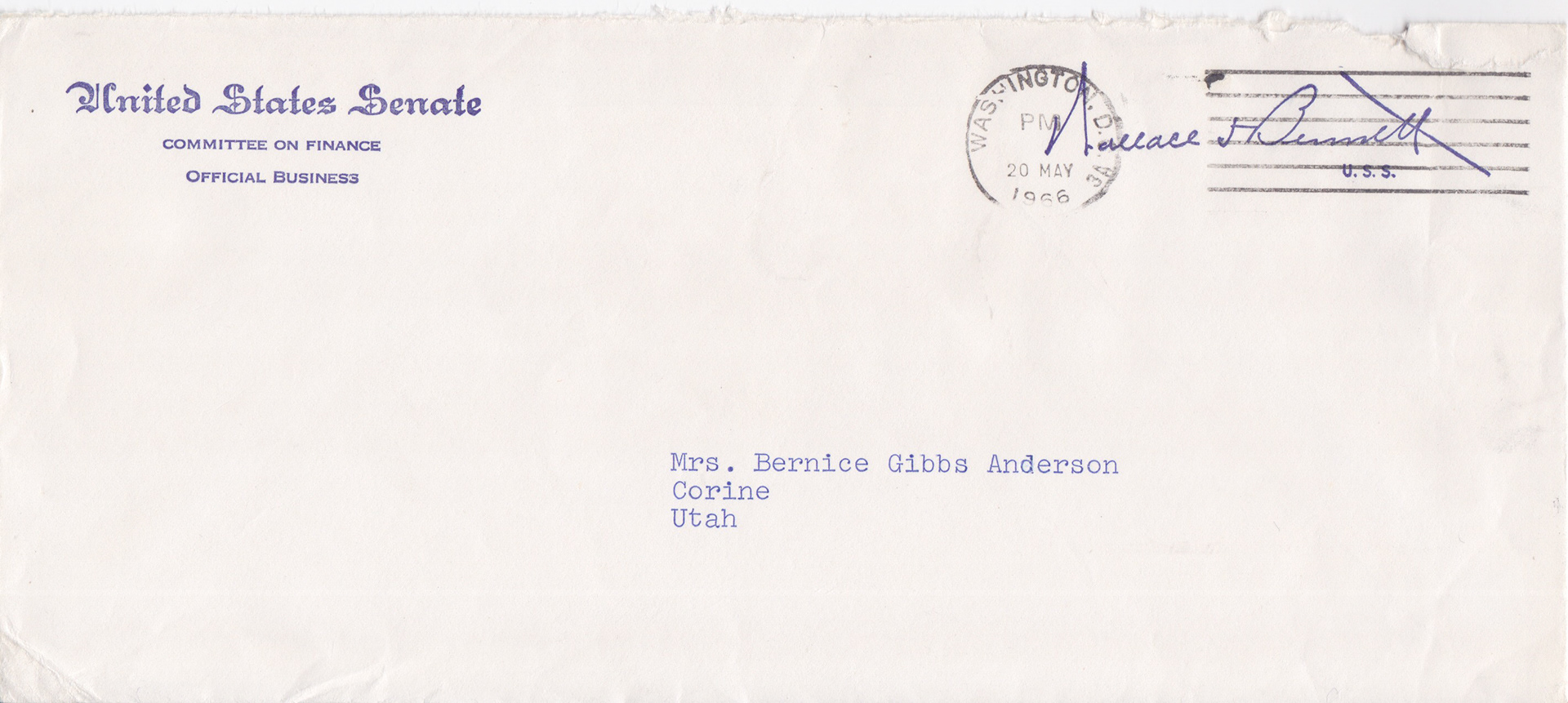 Envelope from Senator Wallace F. Bennett, May 20, 1966. Bernice Gibbs Anderson Collection, NPS