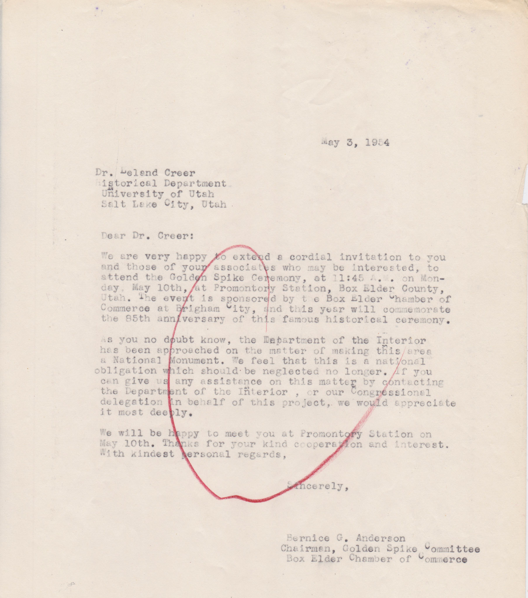 Copy of invitation to Dr. Leland Creer, University of Utah Historical Dept., May 3, 1954. Bernice Gibbs Anderson Collection, NPS