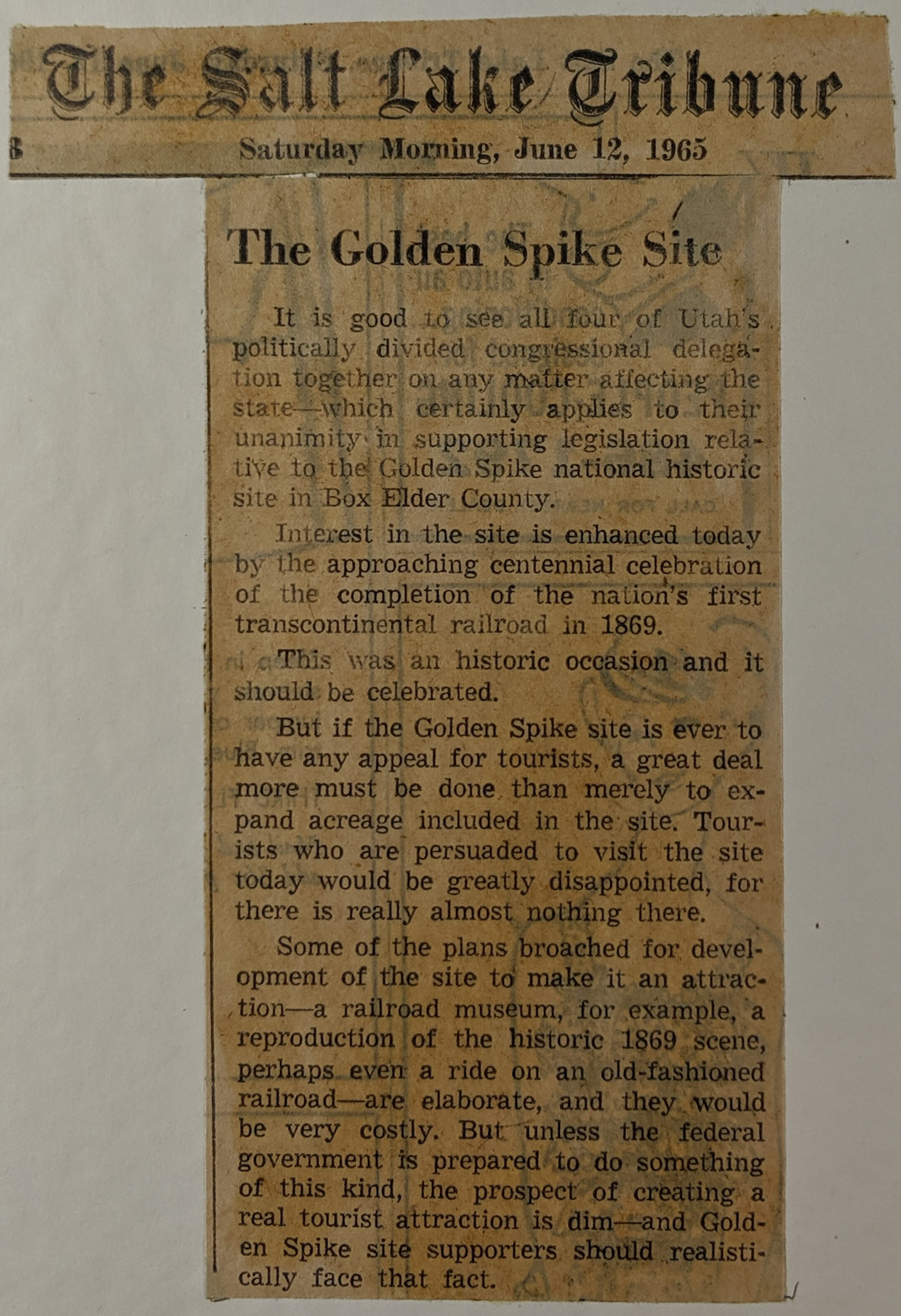 Editorial in Salt Lake Tribune, June 12, 1965. Bernice Gibbs Anderson Collection, NPS