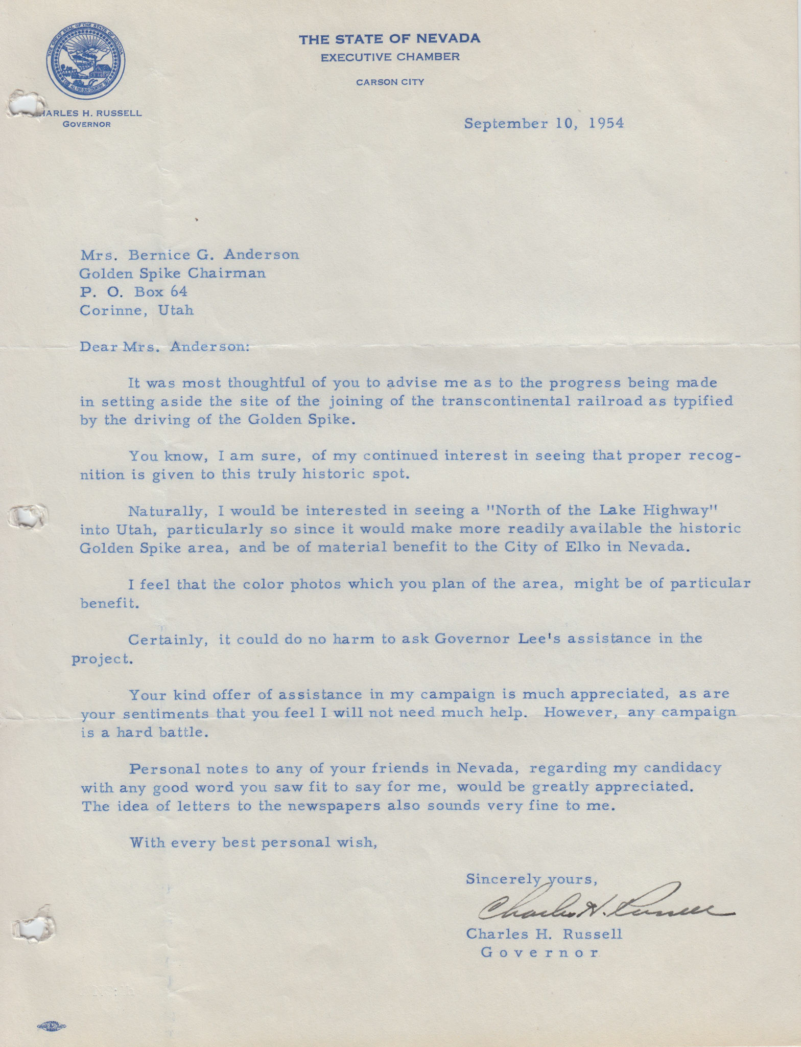 Letter from Nevada Governor Charles H. Russell, Sep. 10, 1954. Bernice Gibbs Anderson, NPS