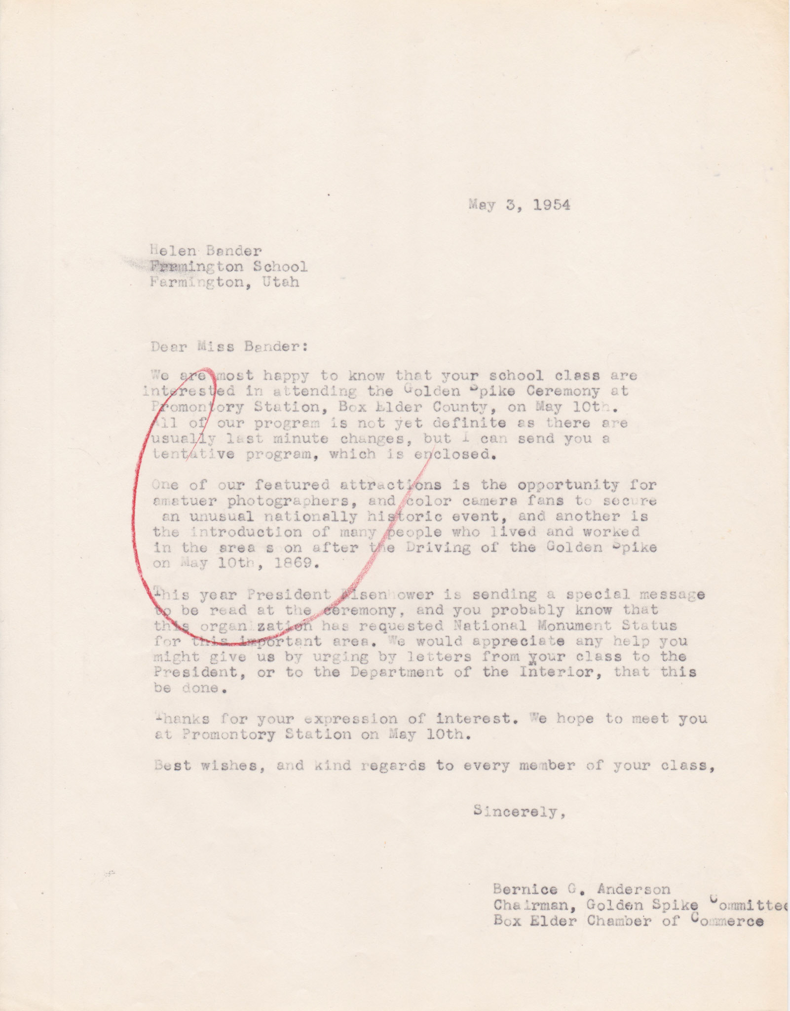 Letter to Helen Bander, Farmington School, Utah, May 3, 1954. Bernice Gibbs Anderson Collection, NPS