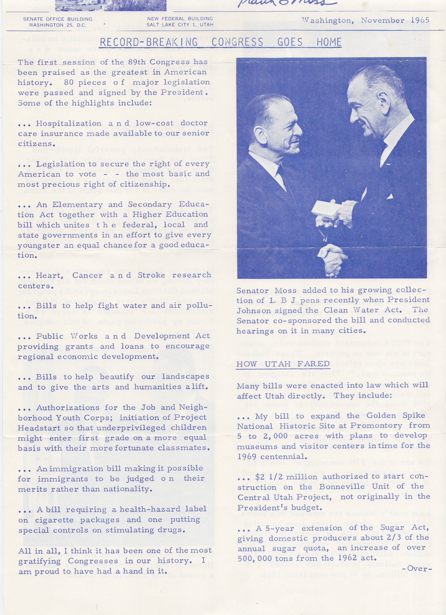 Report from Senator Frank E. Moss, Nov. 1965, bottom of page 1. Bernice Gibbs Anderson Collection, NPS