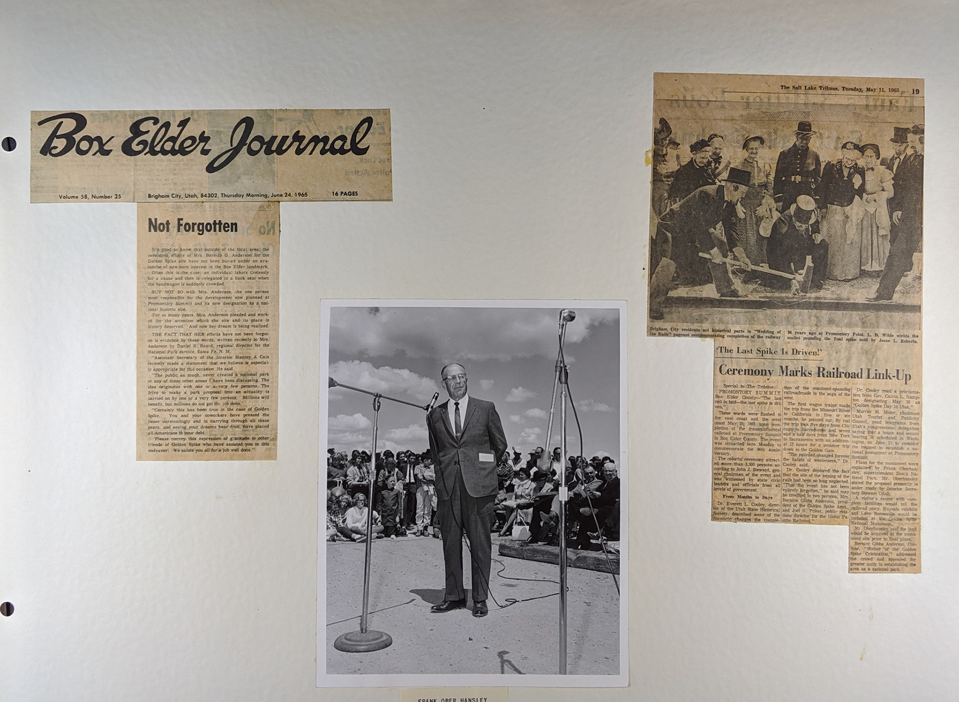 1970 Scrapbook page, 1965 photo of Frank Ober Hansley & newspaper clippings. Bernice Gibbs Anderson Collection, NPS