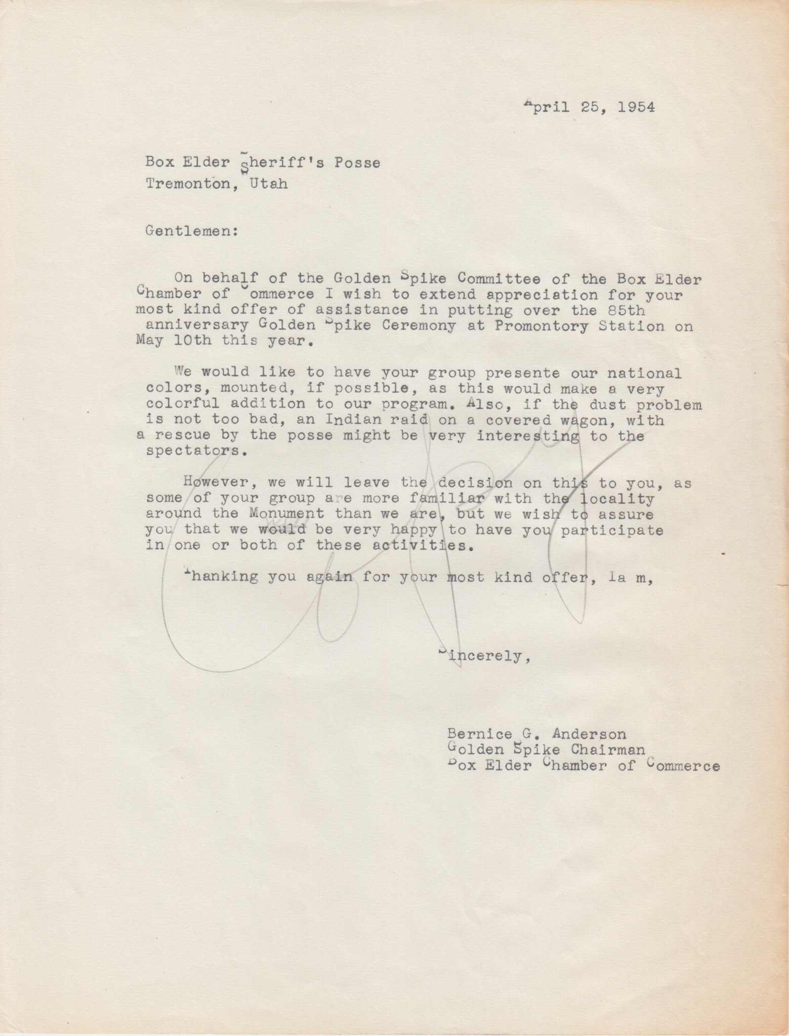 Copy of letter to Box Elder Sheriff's Posse, Apr. 25, 1954. Bernice Gibbs Anderson Collection, NPS