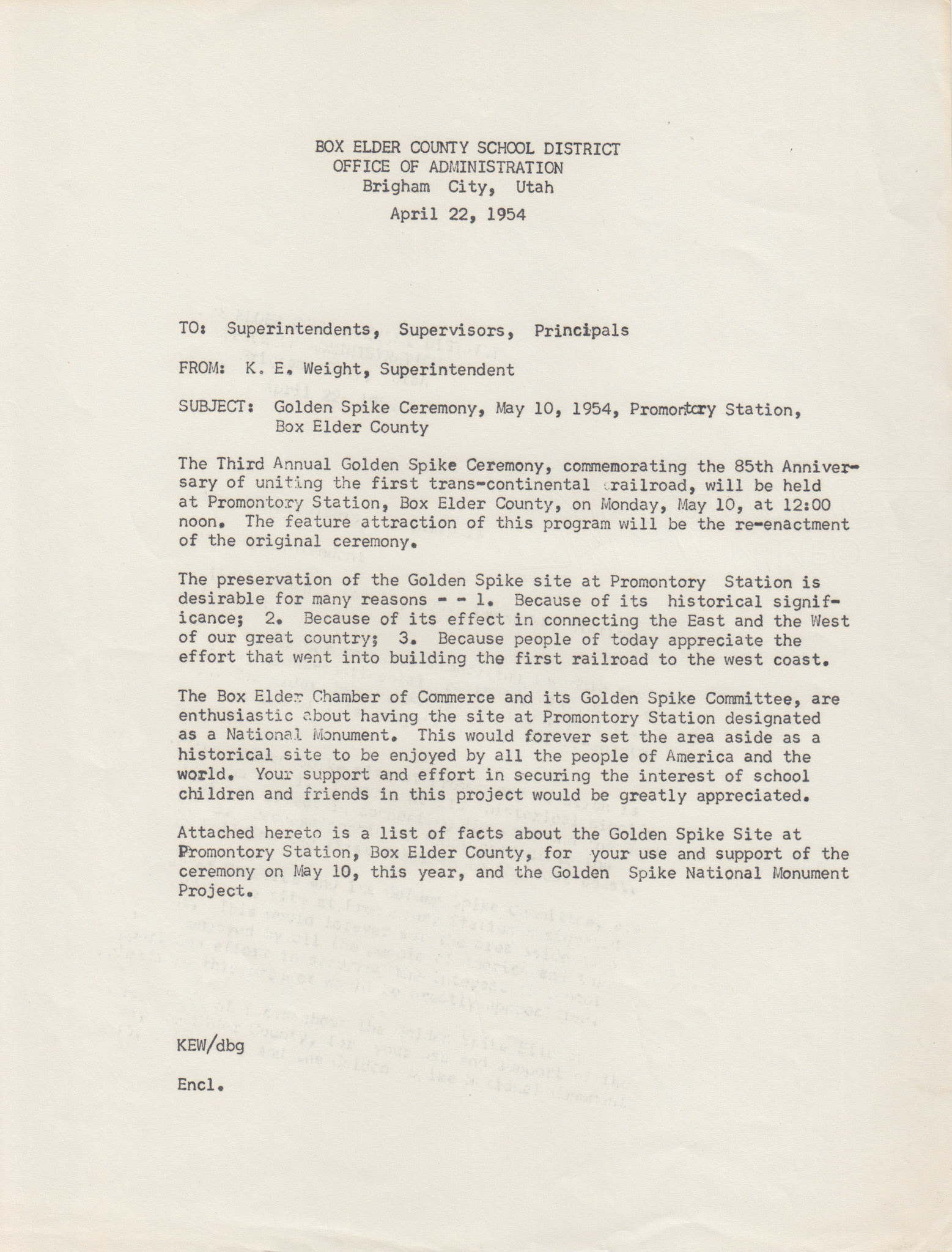 Letter from Ken E. Weight typed by Delone Glover to Box Elder County School Administrators, 1954. Bernice Gibbs Anderson Collection, NPS