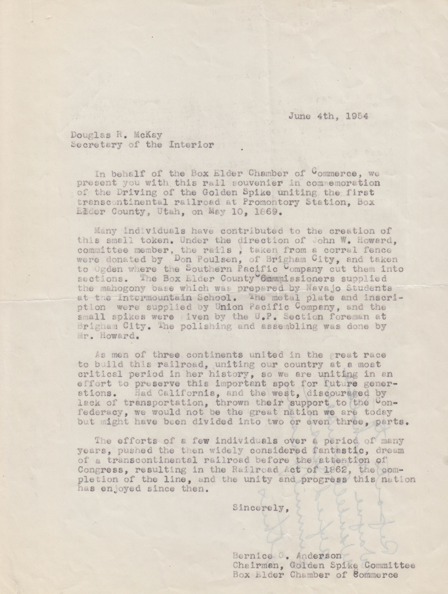 Letter to Douglas R. McKay, Secretary of the Interior, June 4, 1954. Bernice Gibbs Anderson Collection, NPS