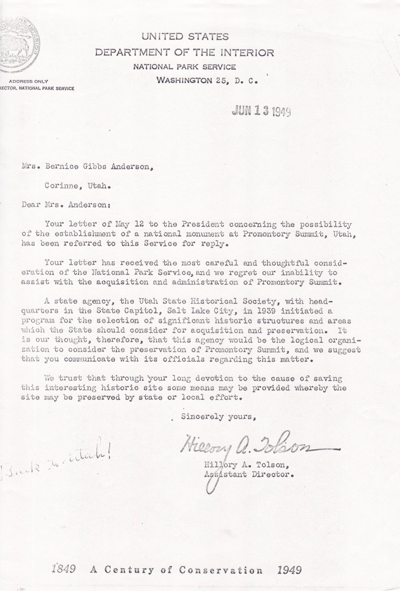 Letter from NPS Asst. Director Hillory A Tolson, 1949. Bernice Gibbs Anderson Collection, NPS