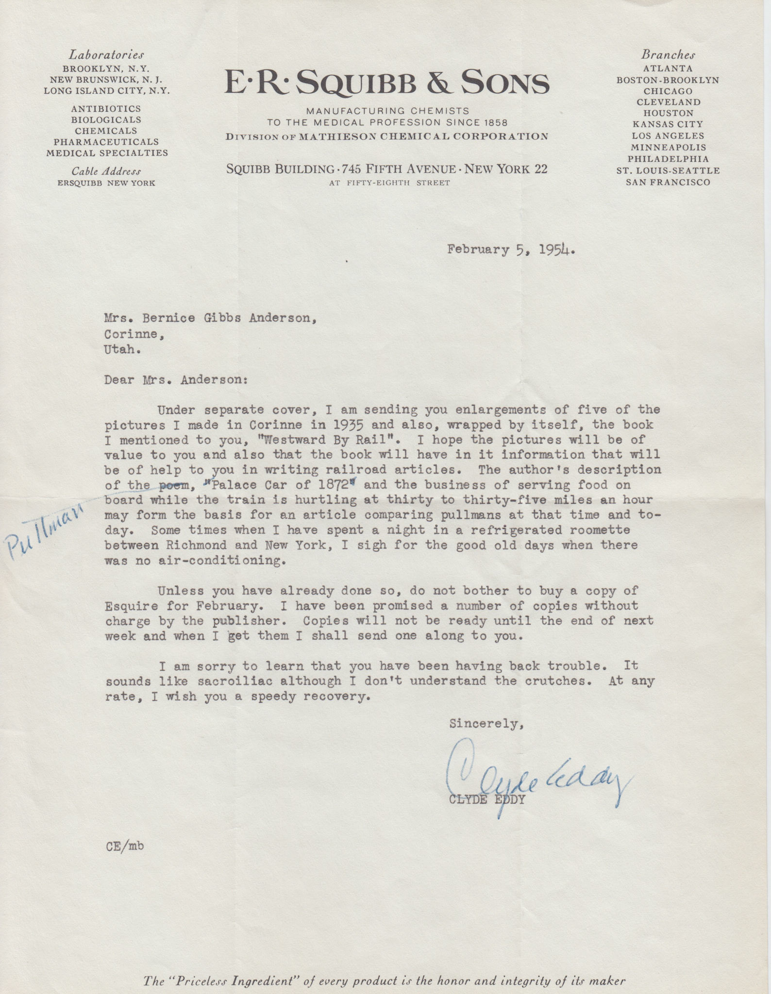 Letter from Clyde Eddy, Feb. 5, 1954. Bernice Gibbs Anderson Collection, NPS